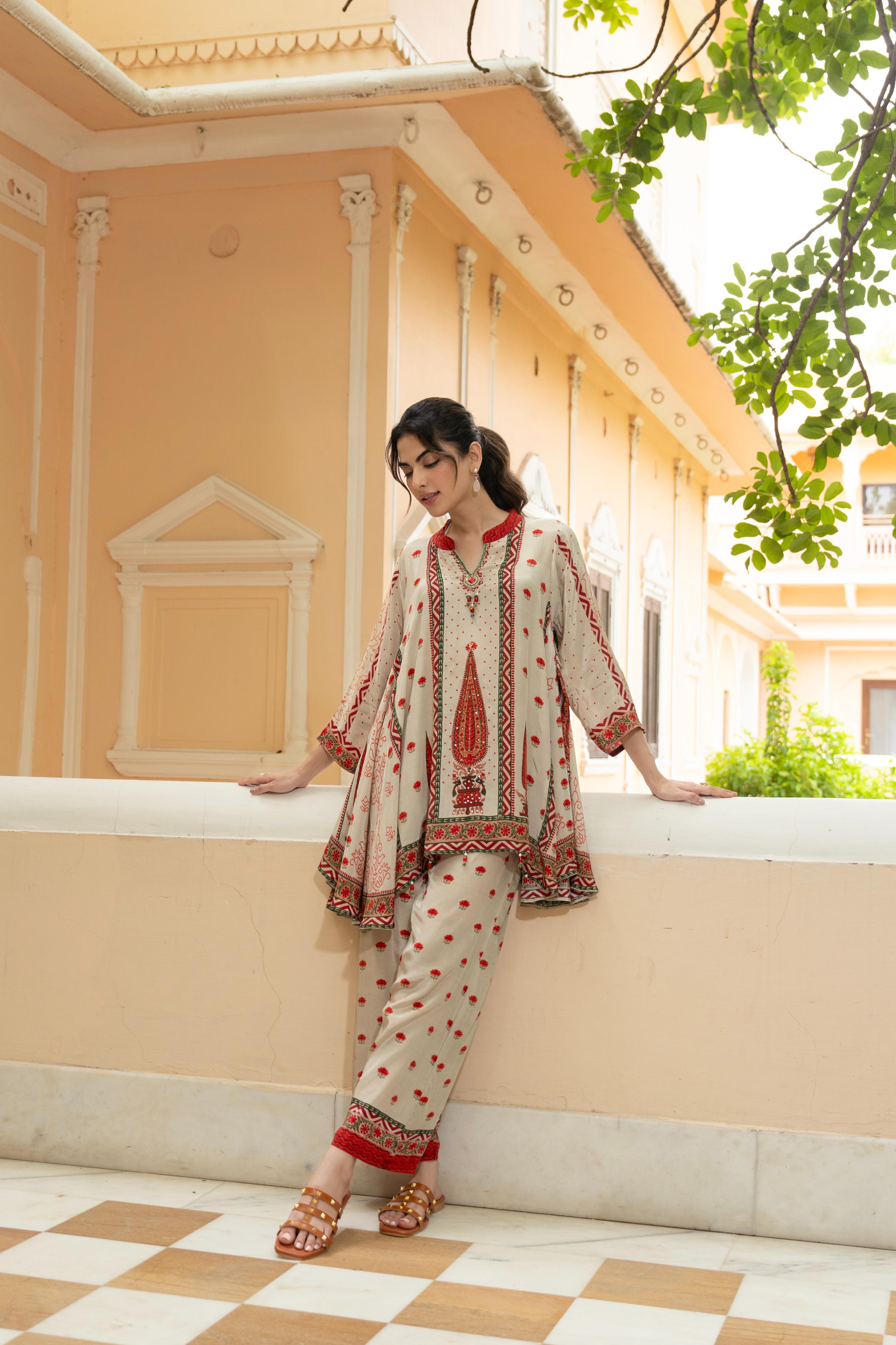 Natural Beige Printed Crepe Silk Co-ord Set