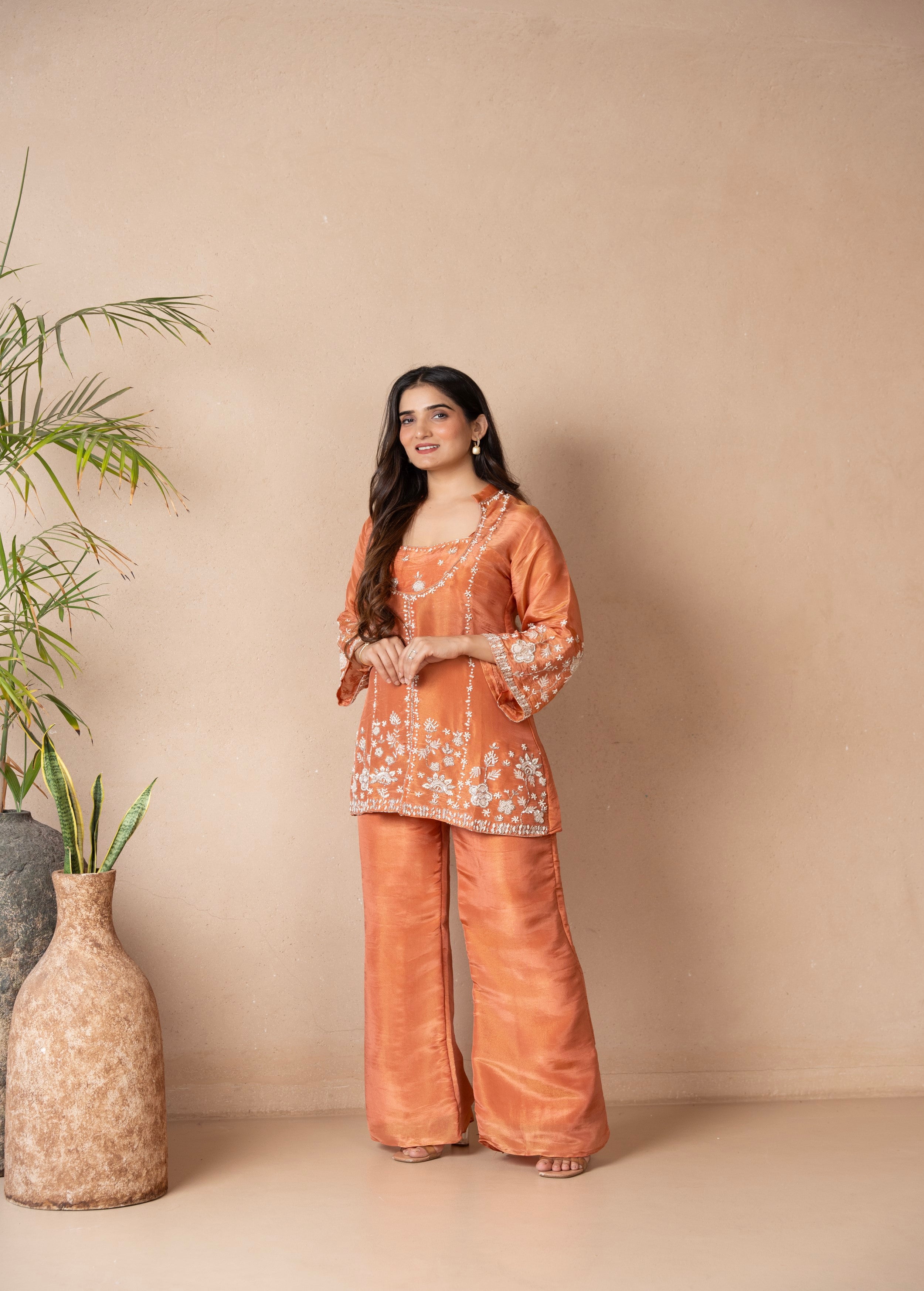 Tangerine Embellished Shimmer Tissue Silk Palazzo Set