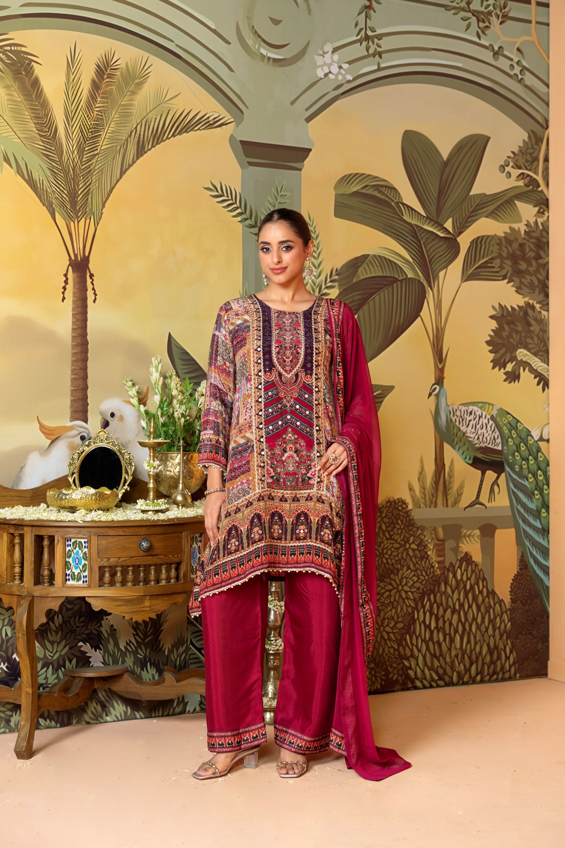 Magenta Pink Embellished Satin Silk Palazzo Set