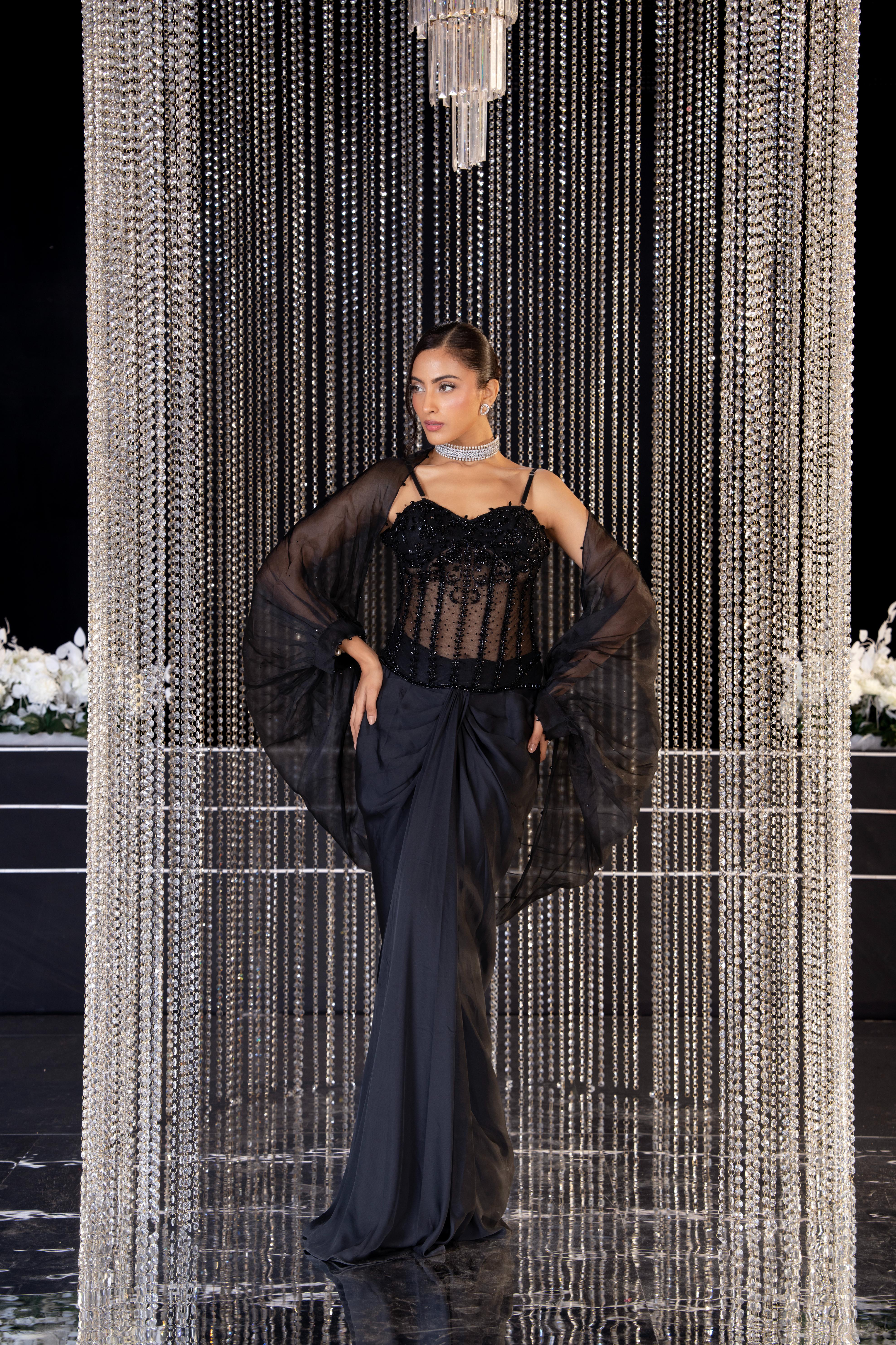 Hot Black Embellished Satin Silk Drape Skirt Set