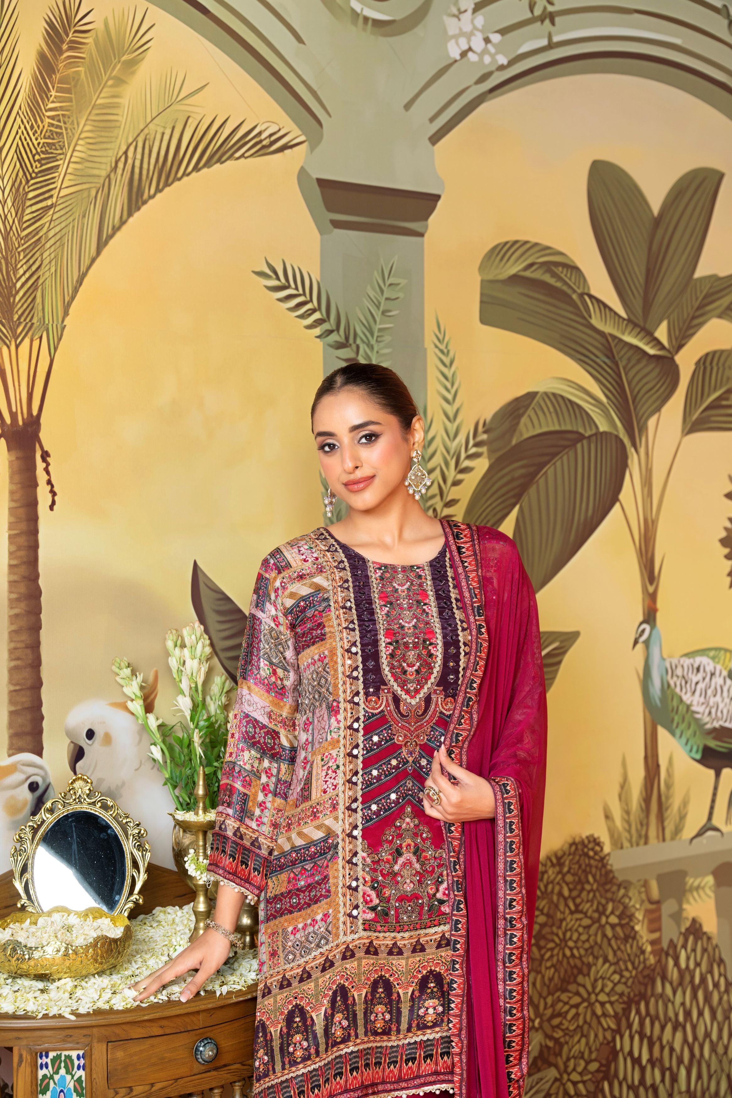 Magenta Pink Embellished Satin Silk Palazzo Set