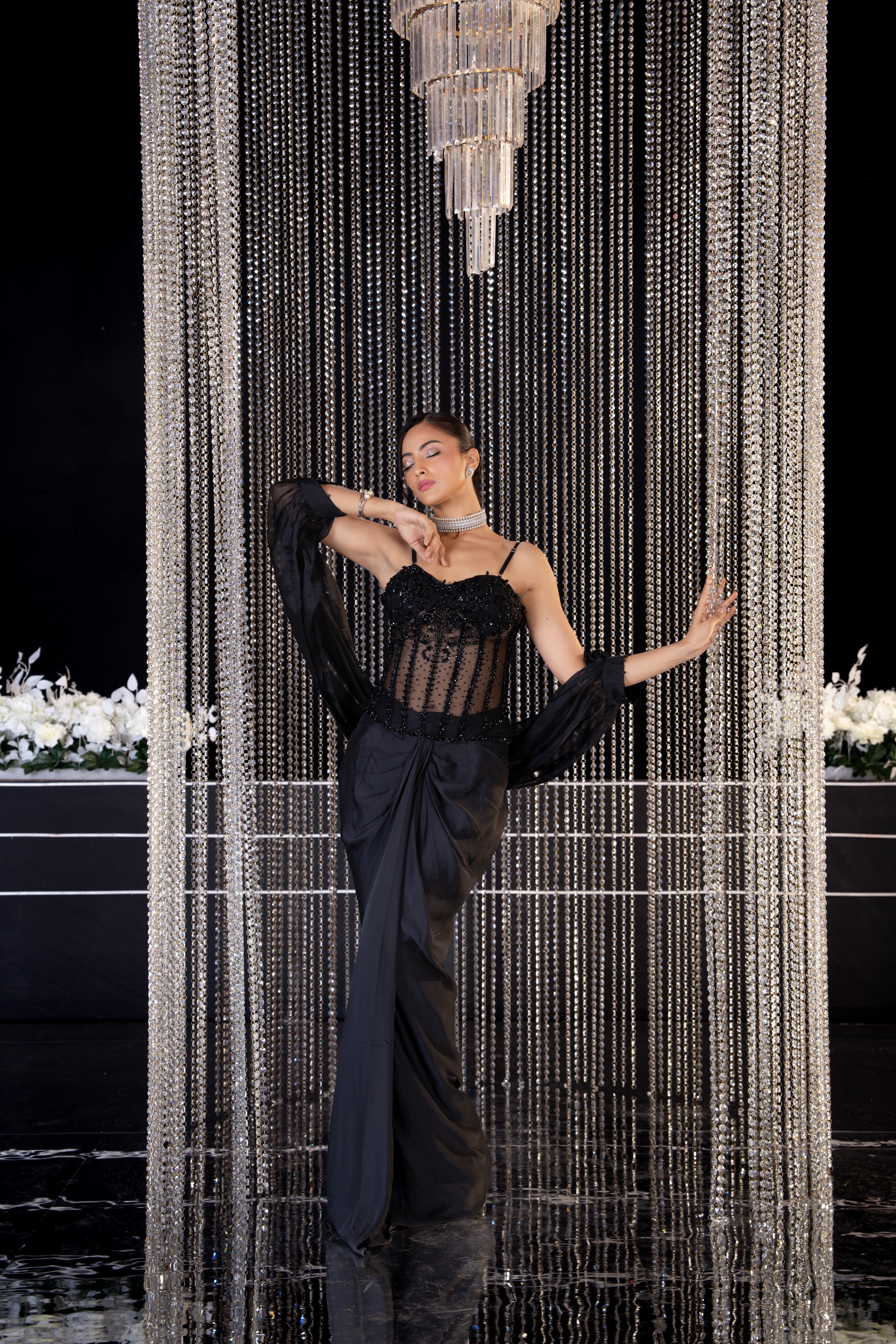 Hot Black Embellished Satin Silk Drape Skirt Set