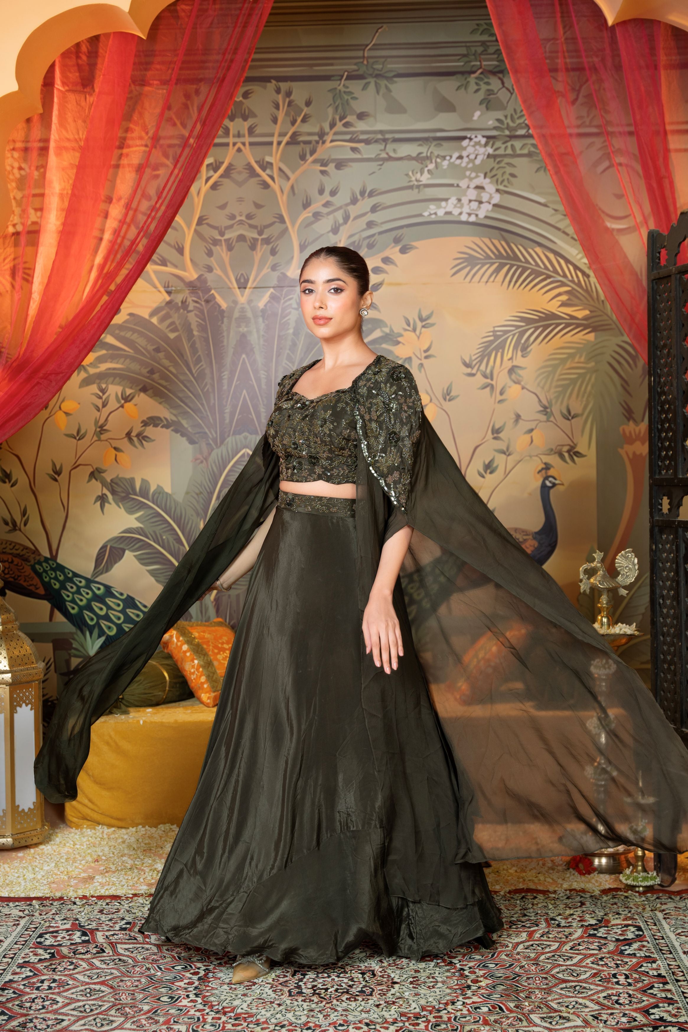 Olive Aura – Hand worked Indo-Western Cape Set