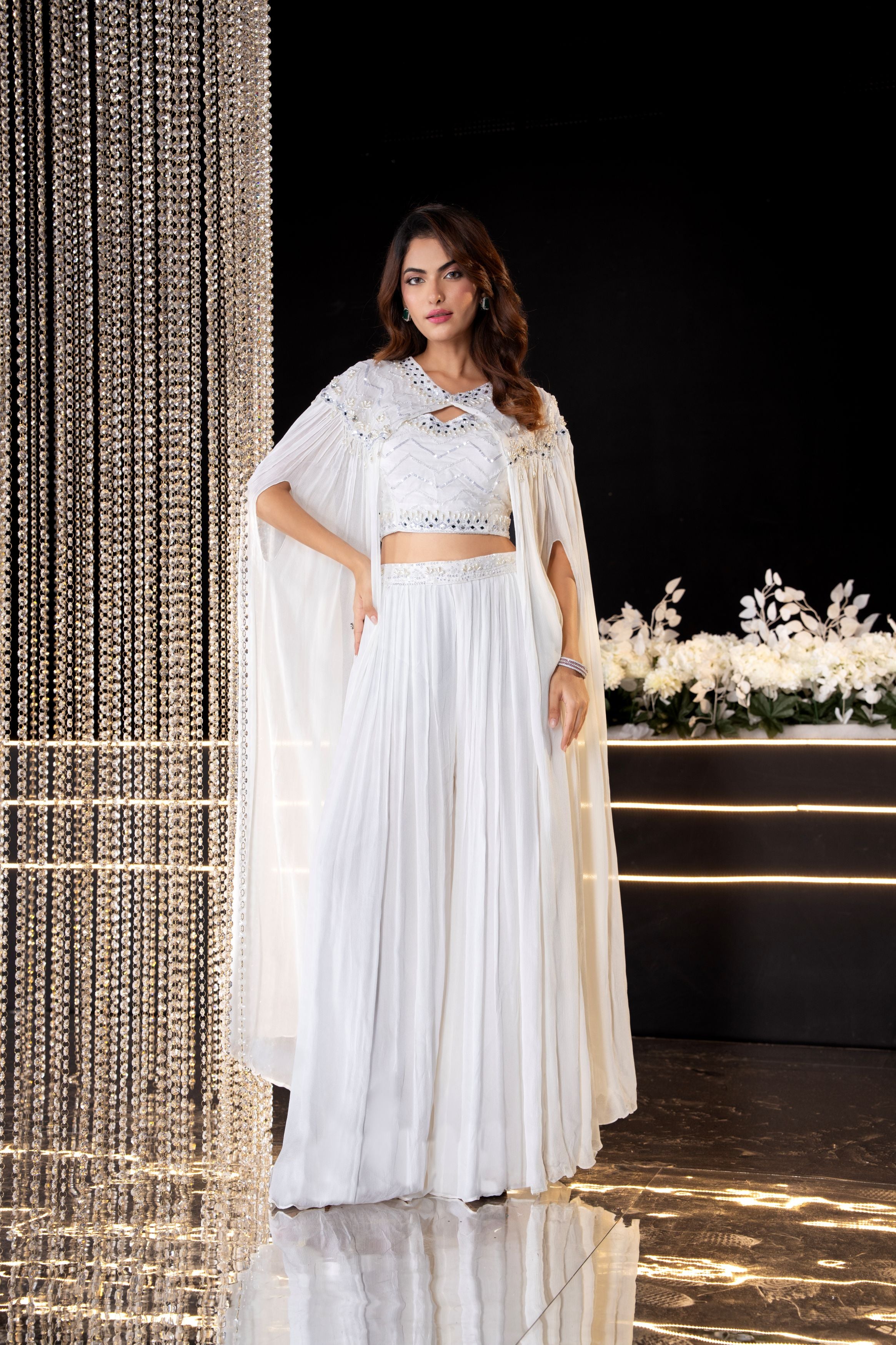 Tissue White Embellished Chinon Silk Cape Set