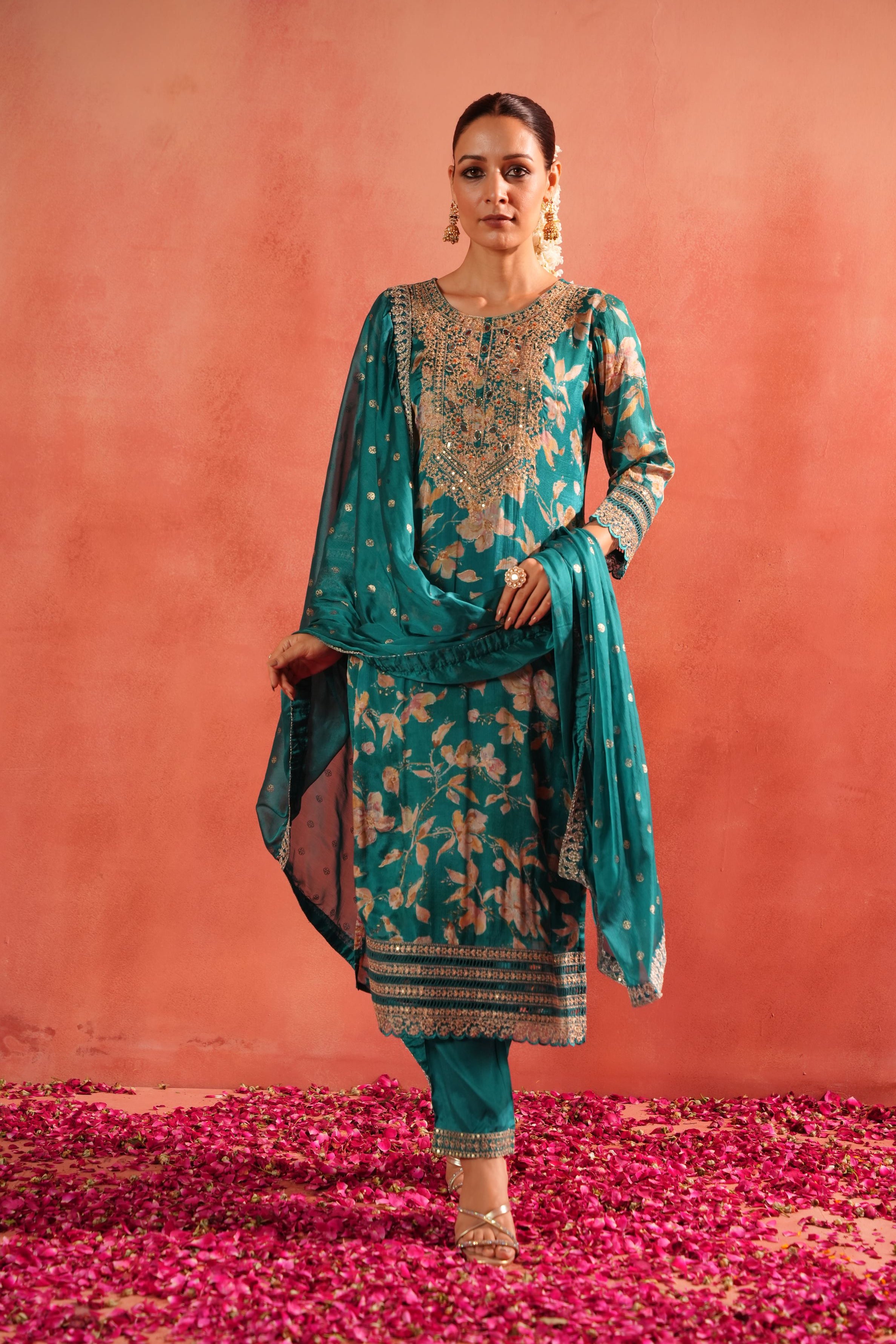 Bright Turquoise Floral Printed Chinon Silk Pants Set