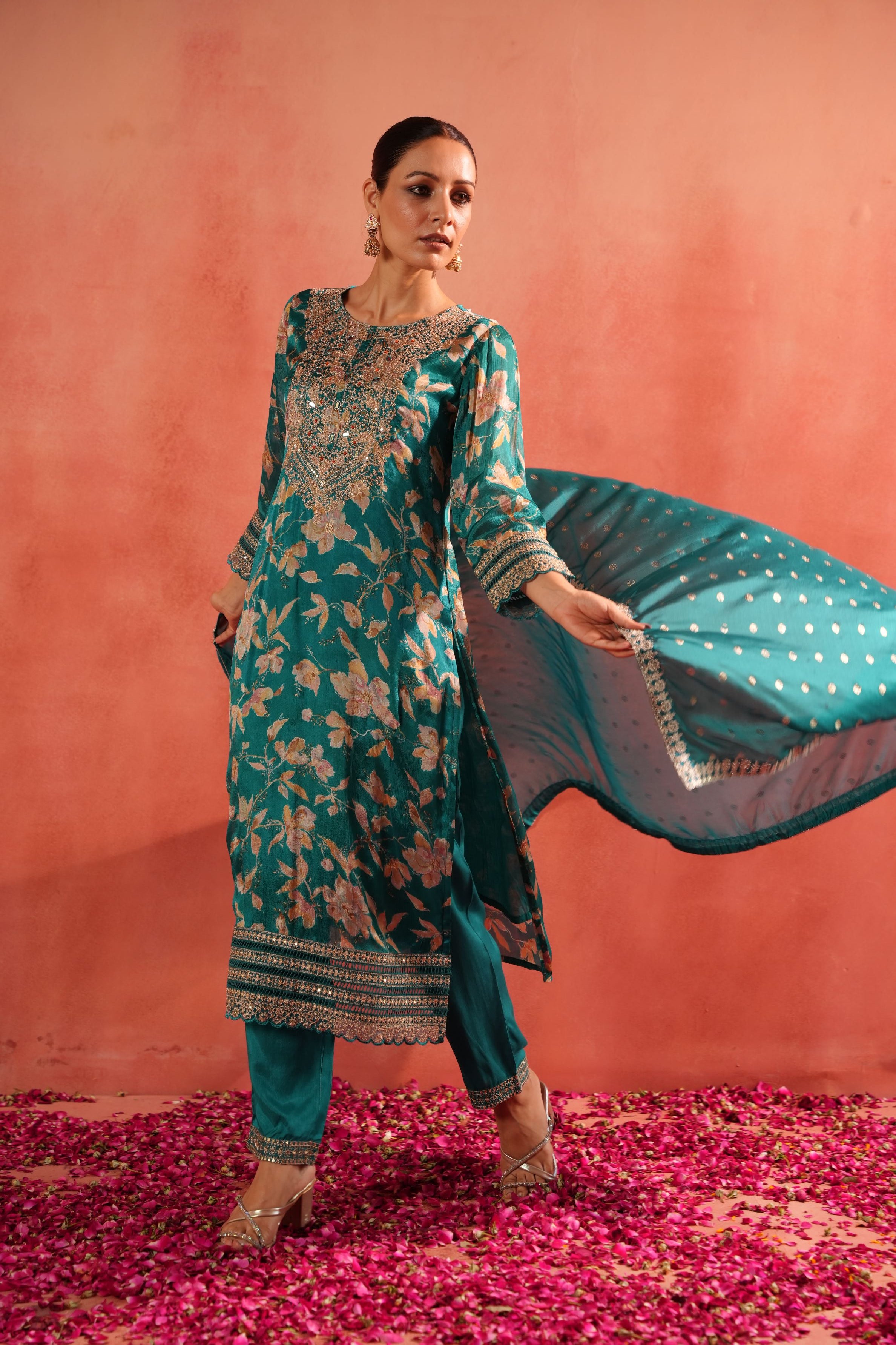 Bright Turquoise Floral Printed Chinon Silk Pants Set