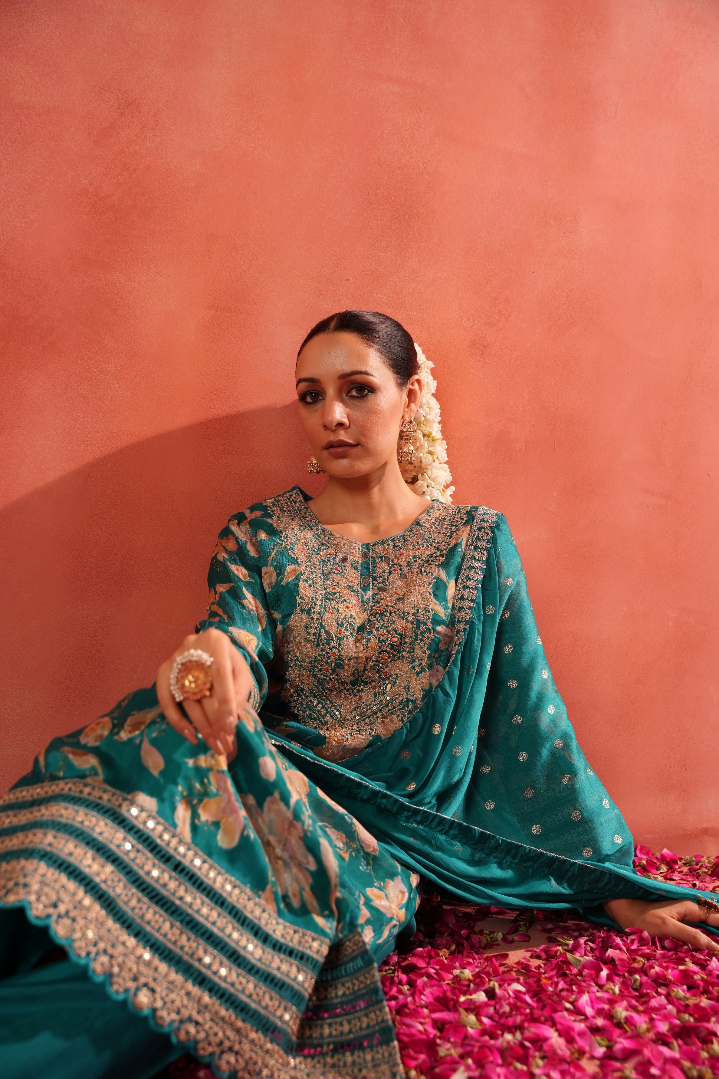 Bright Turquoise Floral Printed Chinon Silk Pants Set
