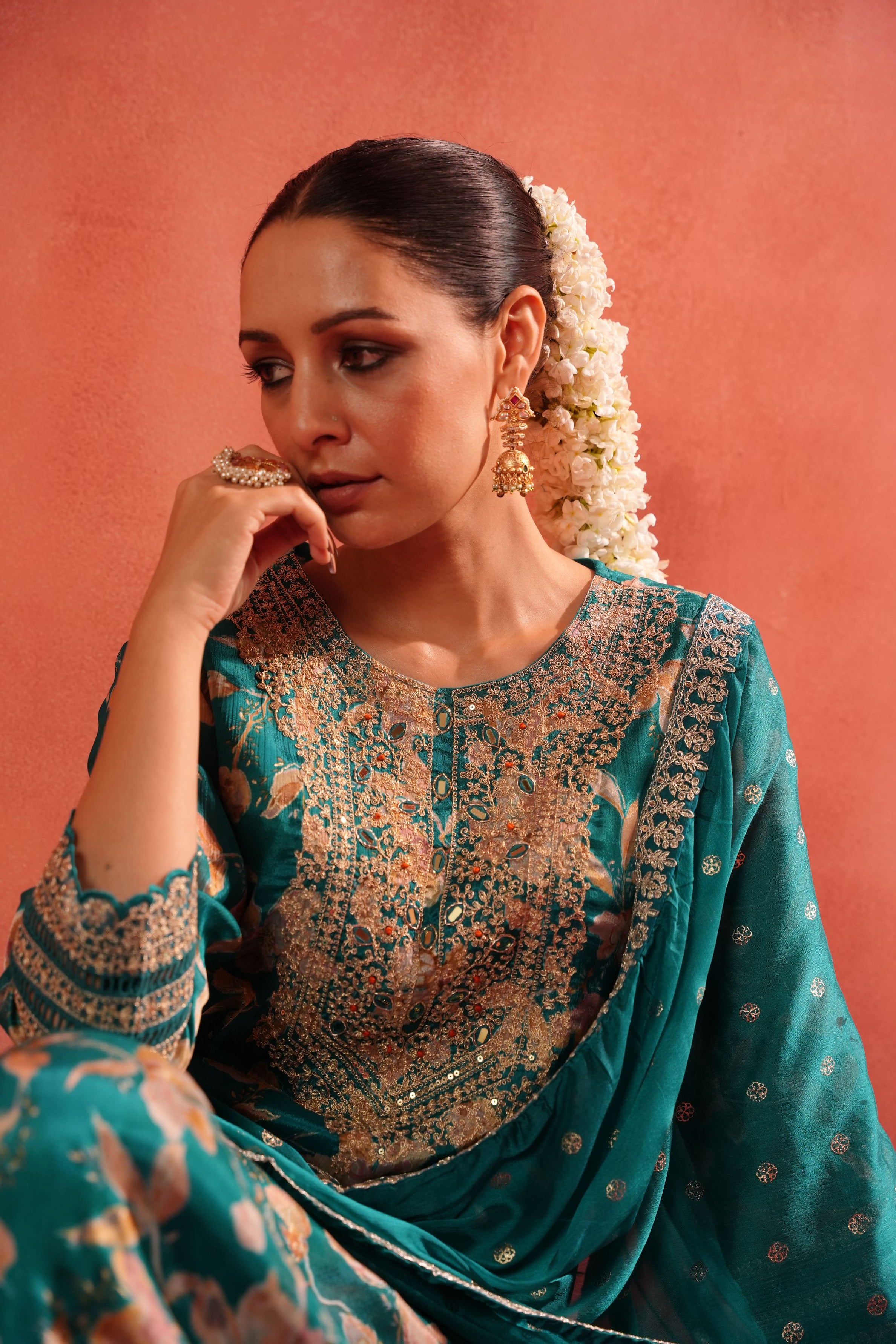 Bright Turquoise Floral Printed Chinon Silk Pants Set