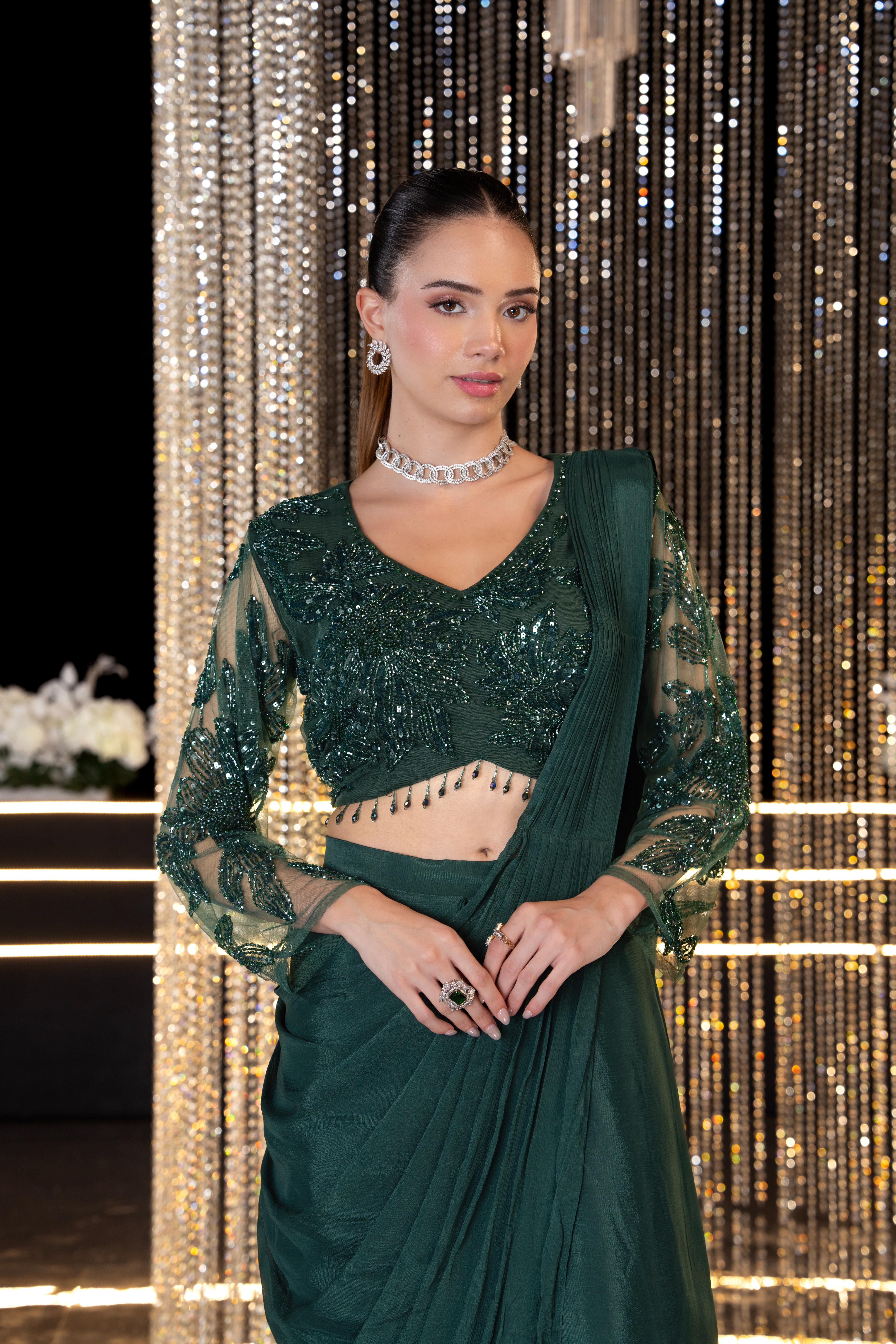 Emerald Green Embellished Premium Silk Draped Saree