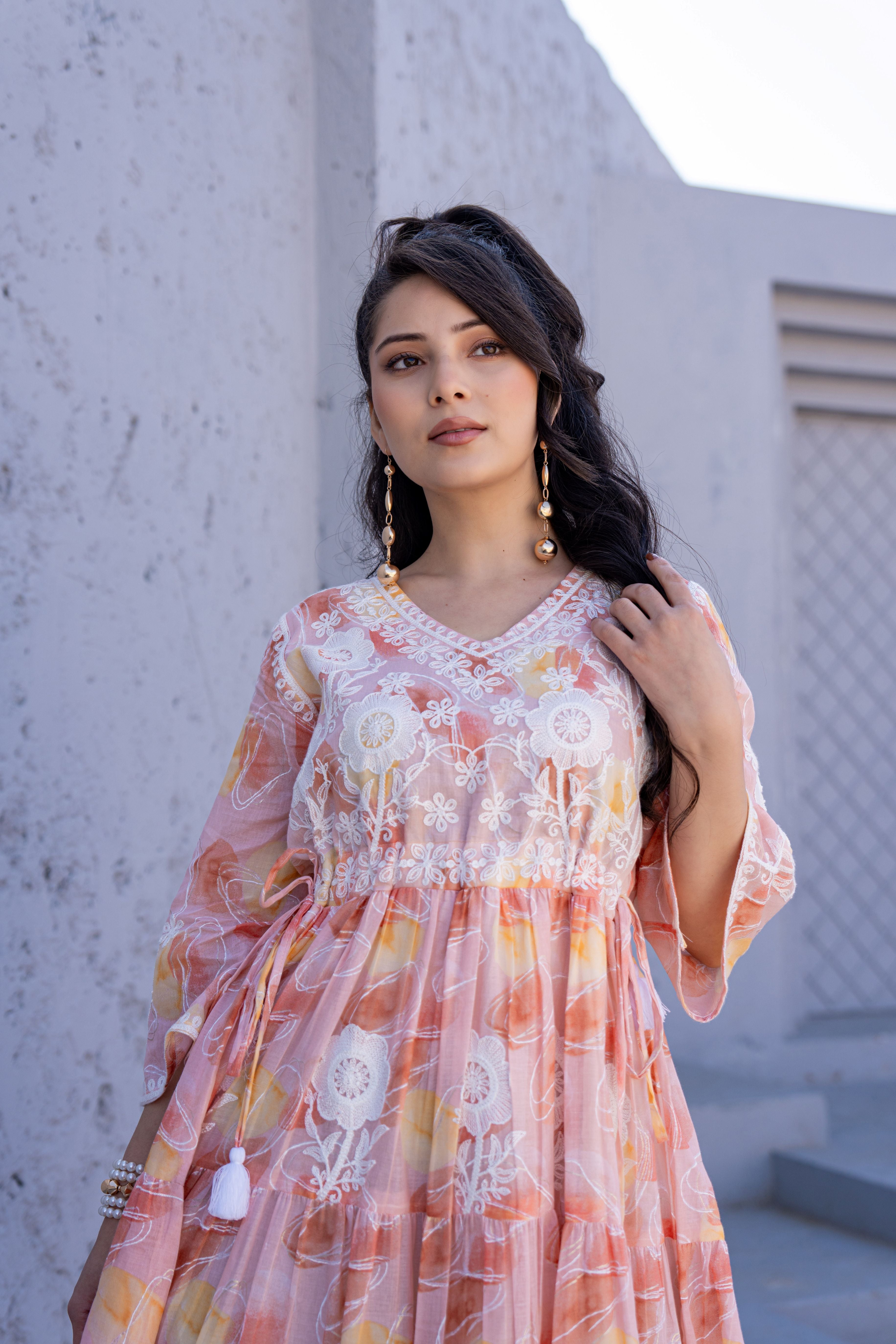 Sunset Blush Embroidered Cotton Dress