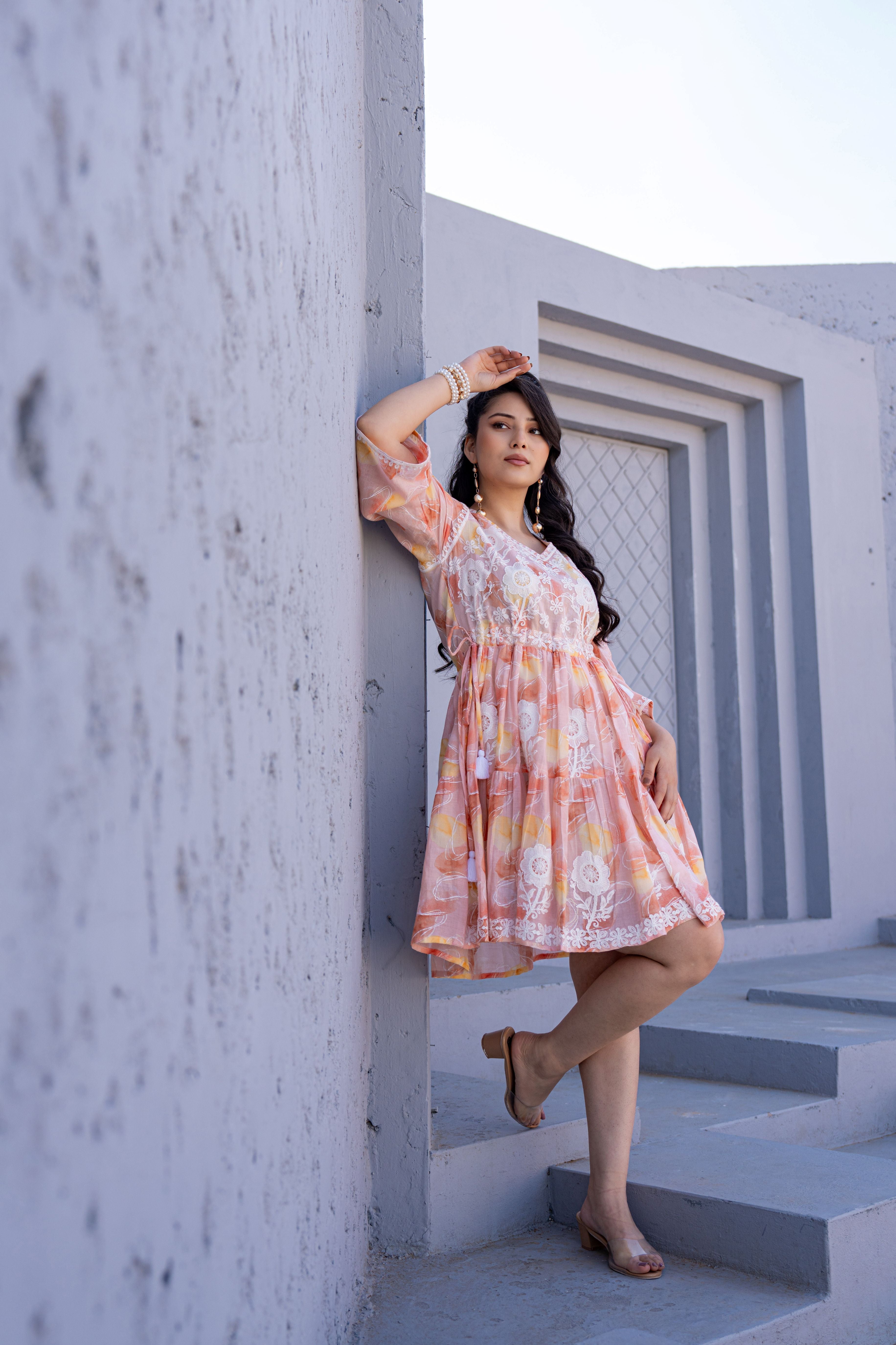 Sunset Blush Embroidered Cotton Dress