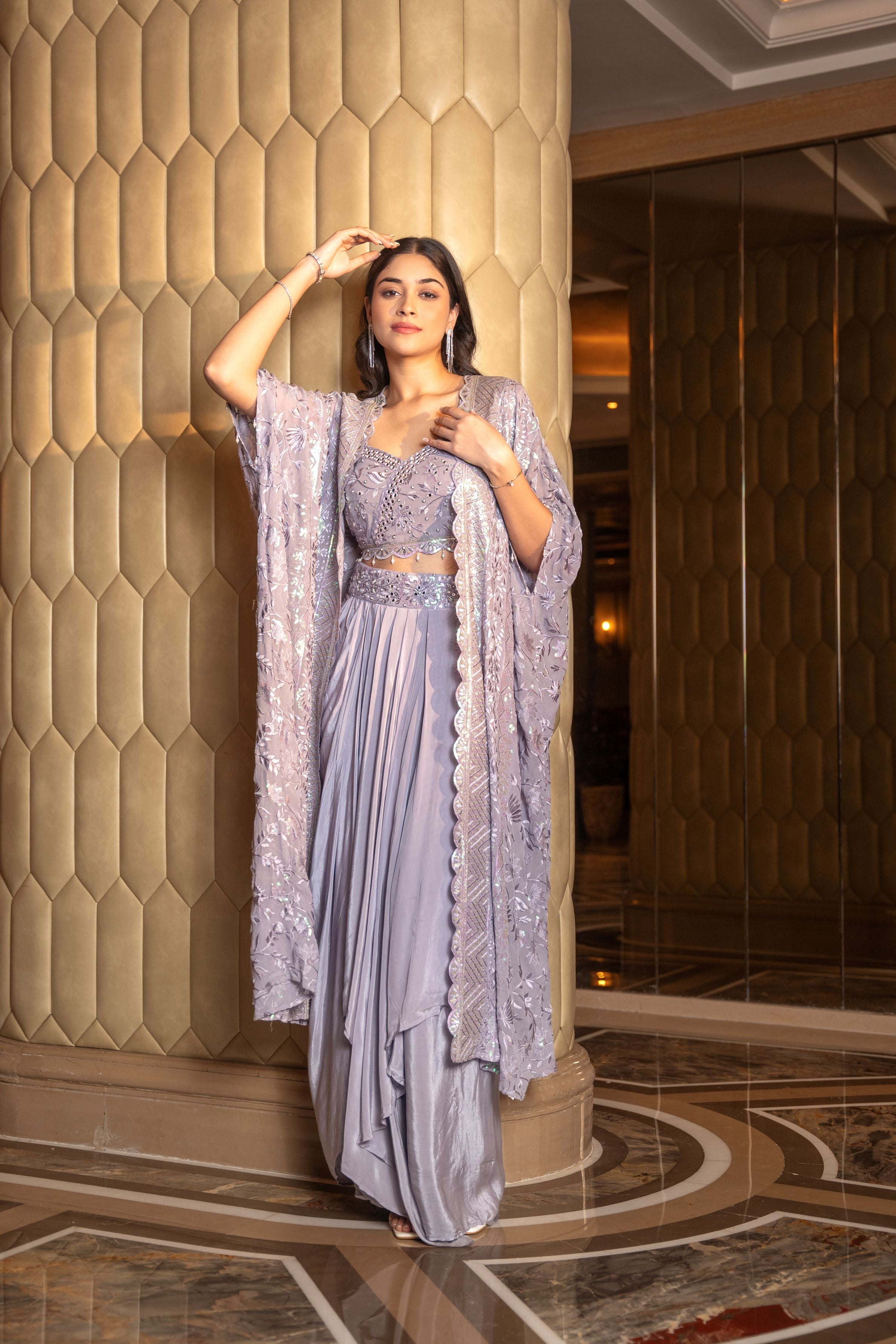 Dusty Lilac Embroidered Cape Set