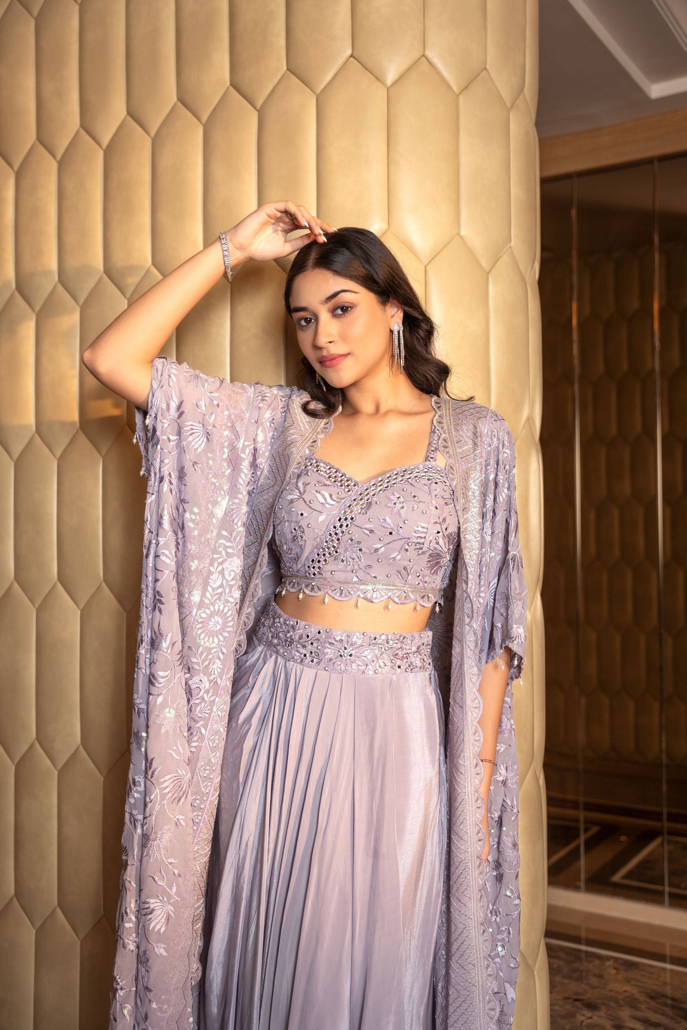 Dusty Lilac Embroidered Cape Set