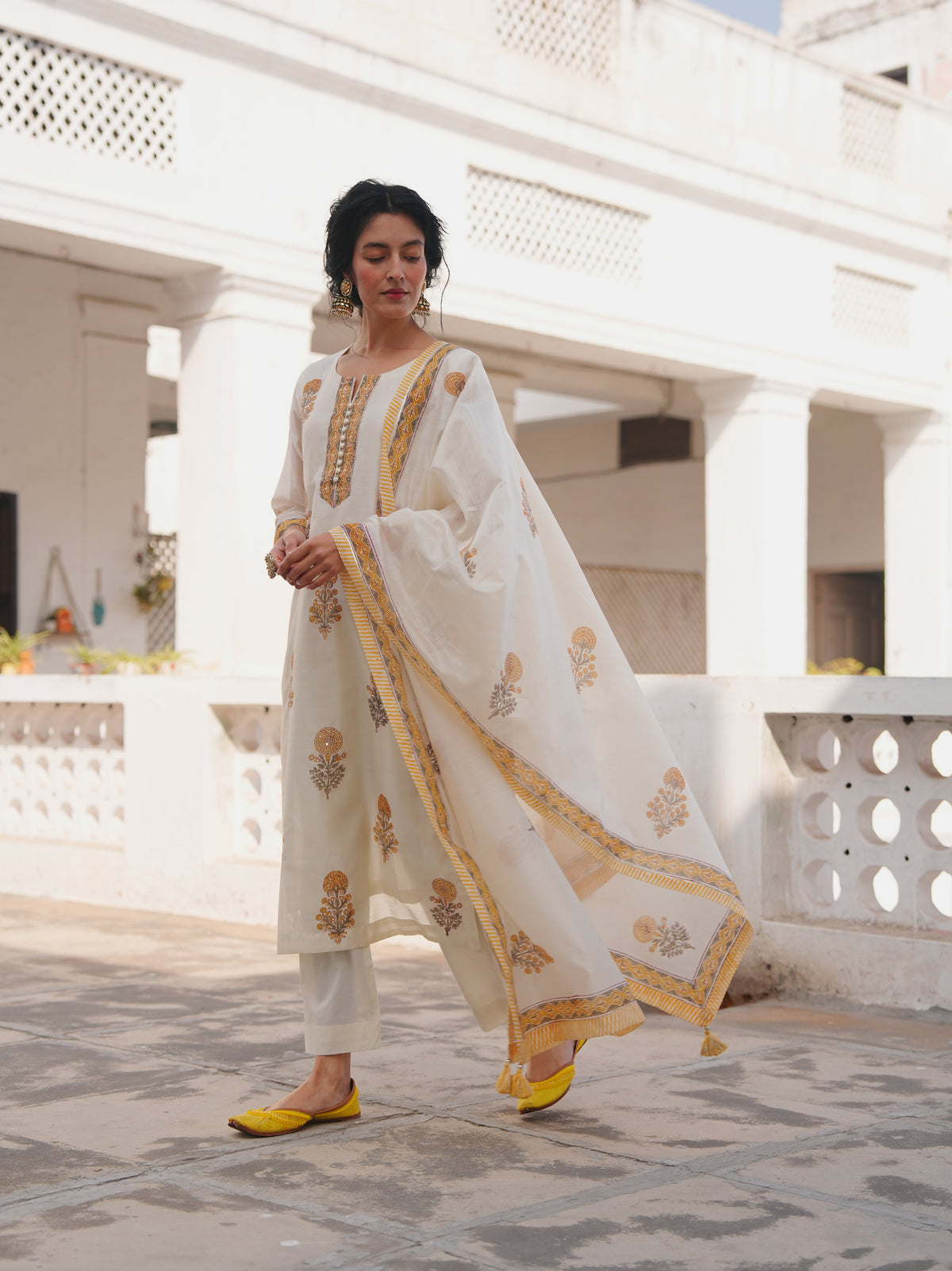 Ivory Printed Chanderi Silk Pant Set