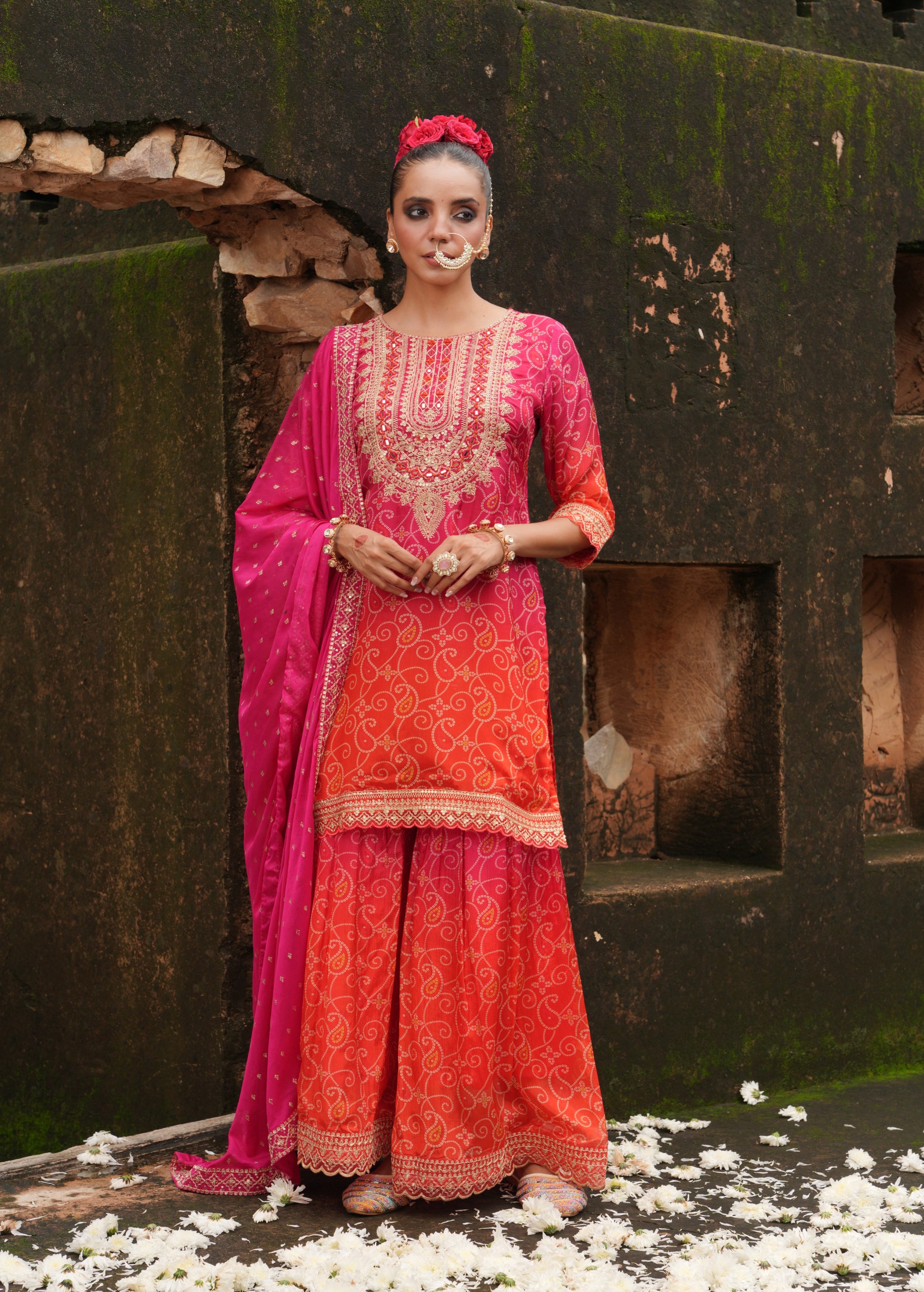 Rich Pink Embellished Chinon Silk Sharara Set