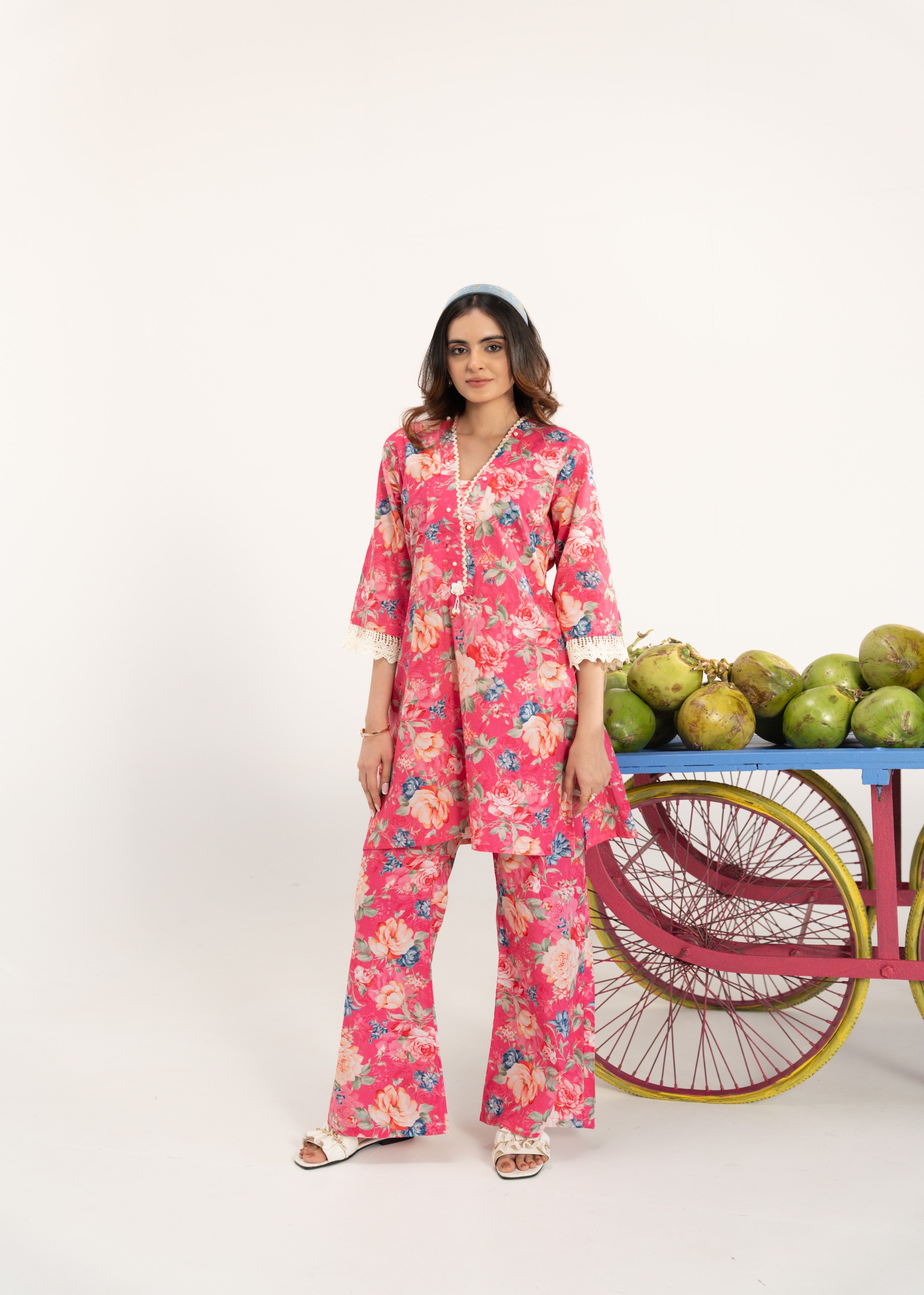 Vibrant Pink Floral Printed Cotton Co-ord Set