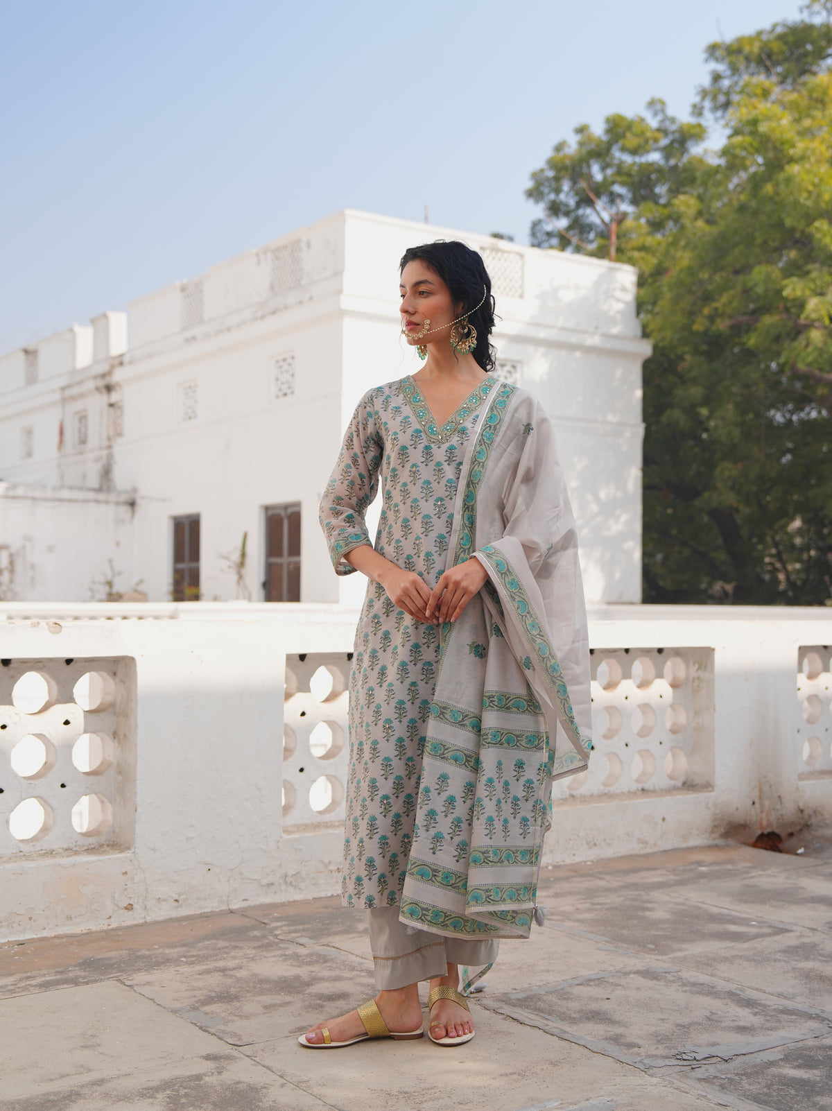 Pearl Grey Printed Chanderi Silk Pant Set