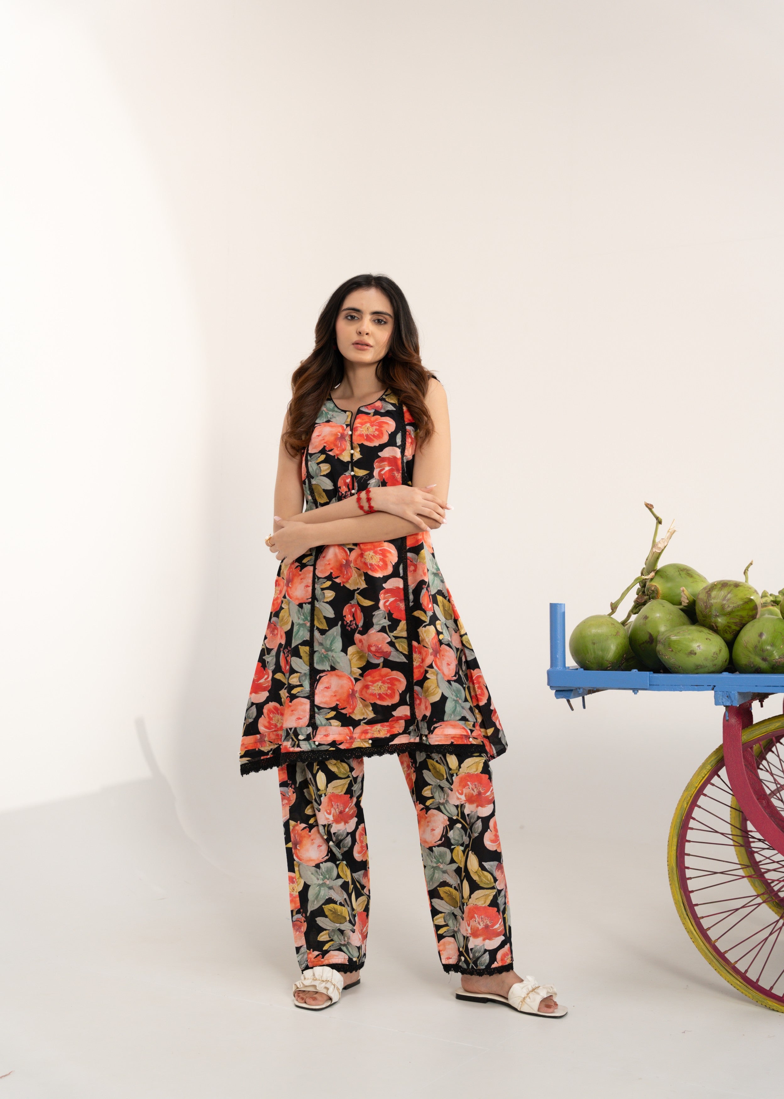 Black Floral Printed Cotton Co-Ord Set