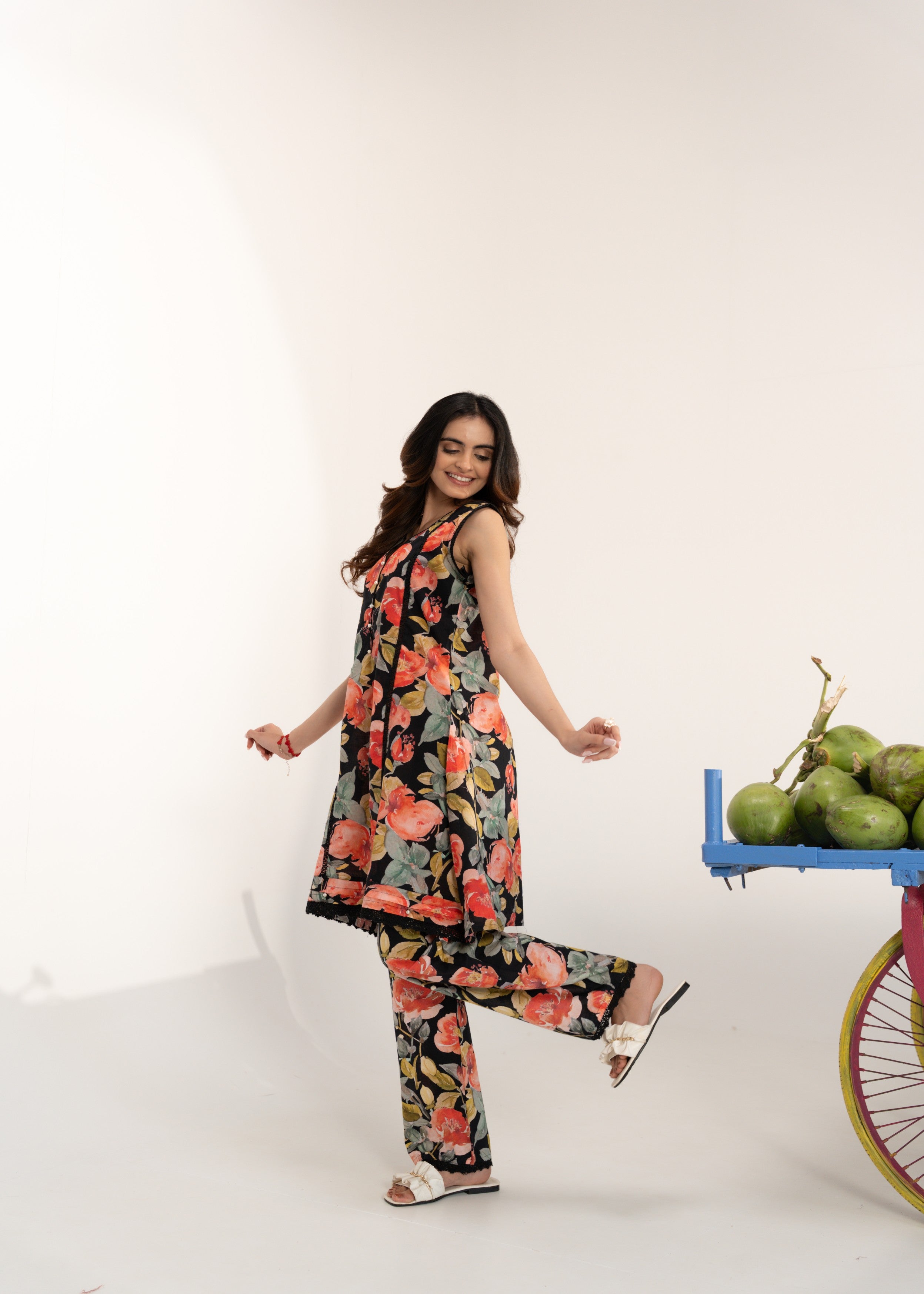 Black Floral Printed Cotton Co-Ord Set