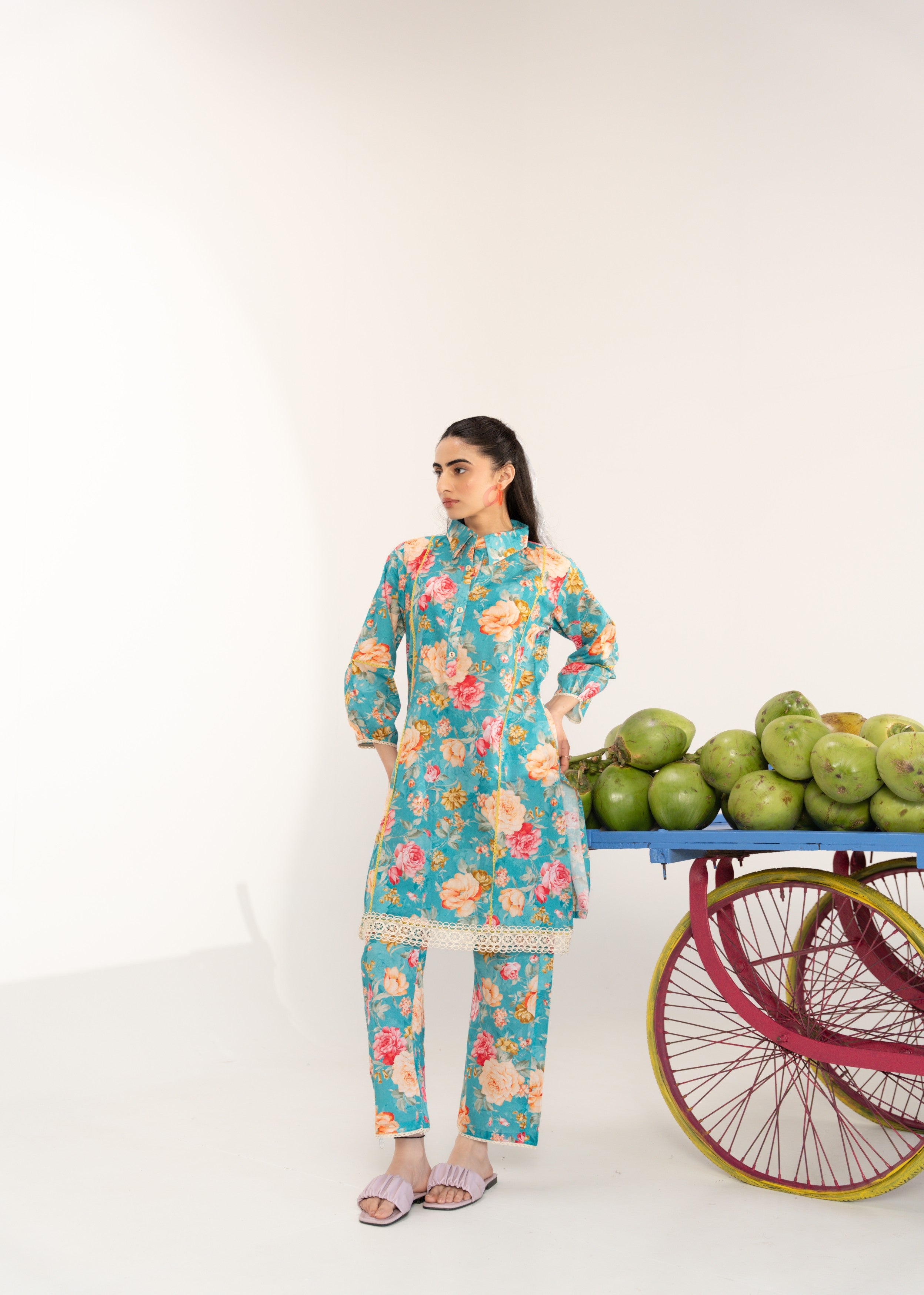 Aqua Blue Floral Printed Cotton Co-ord Set