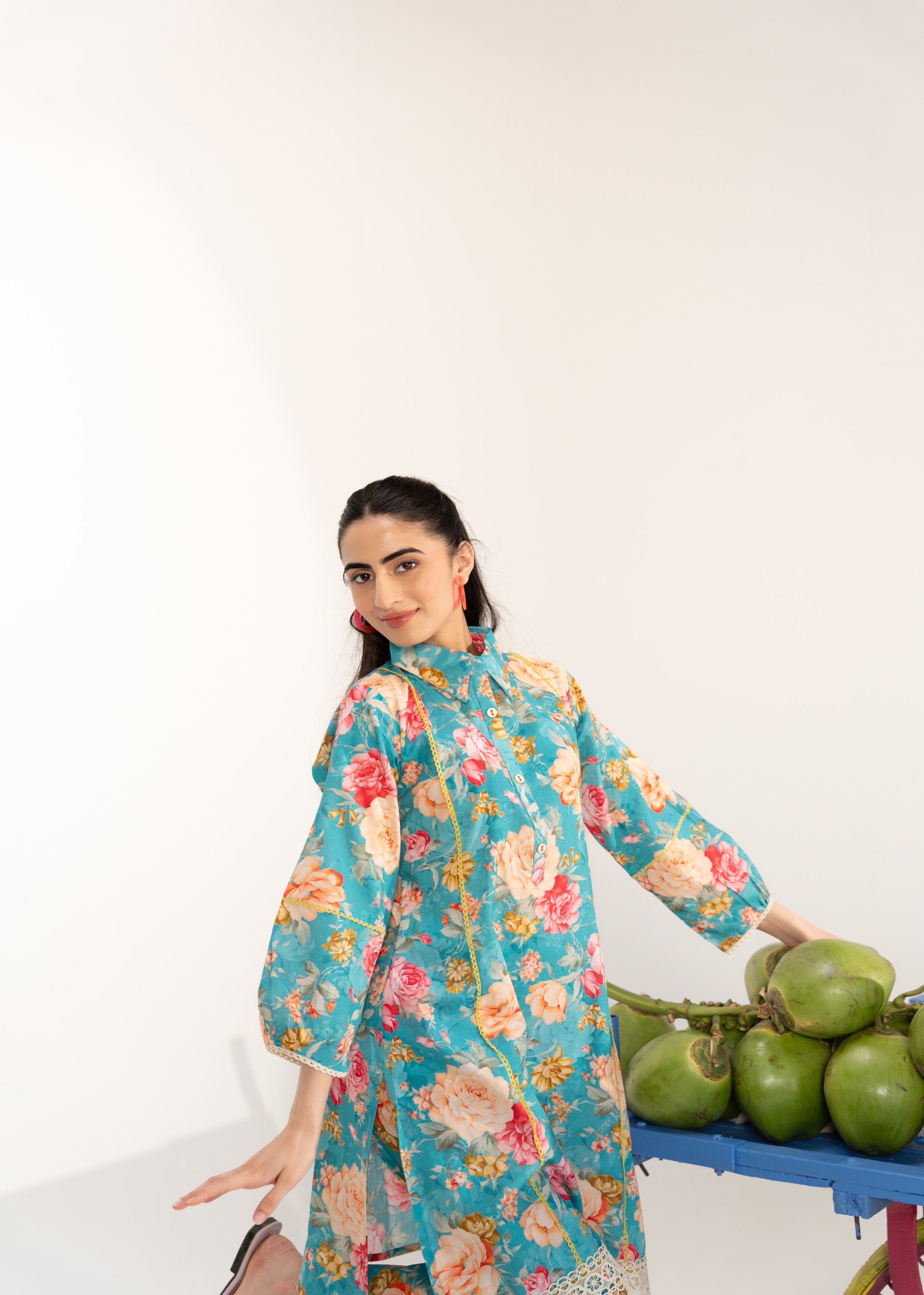 Aqua Blue Floral Printed Cotton Co-ord Set