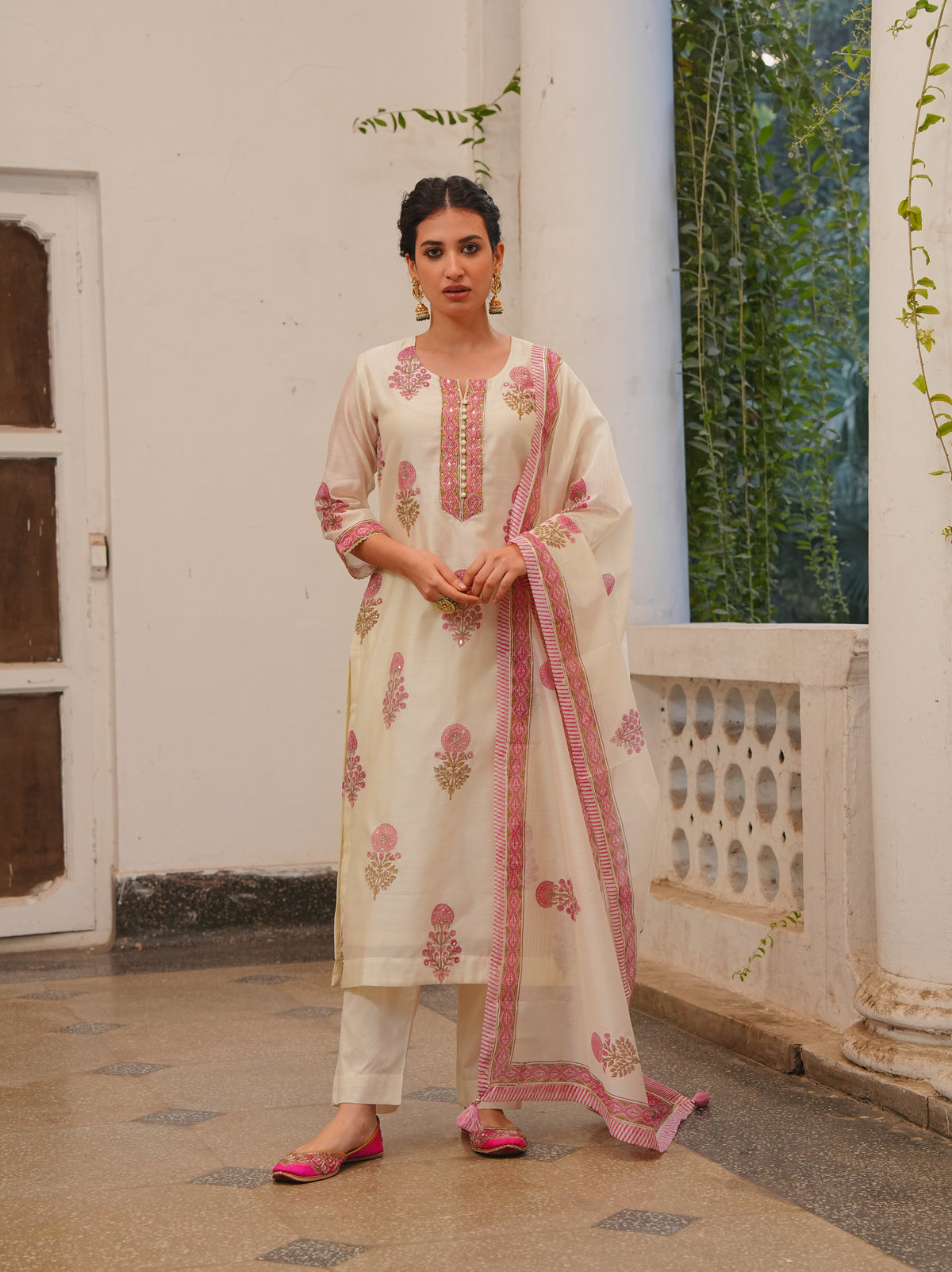 Blush Pink Printed Chanderi Silk Pant Set