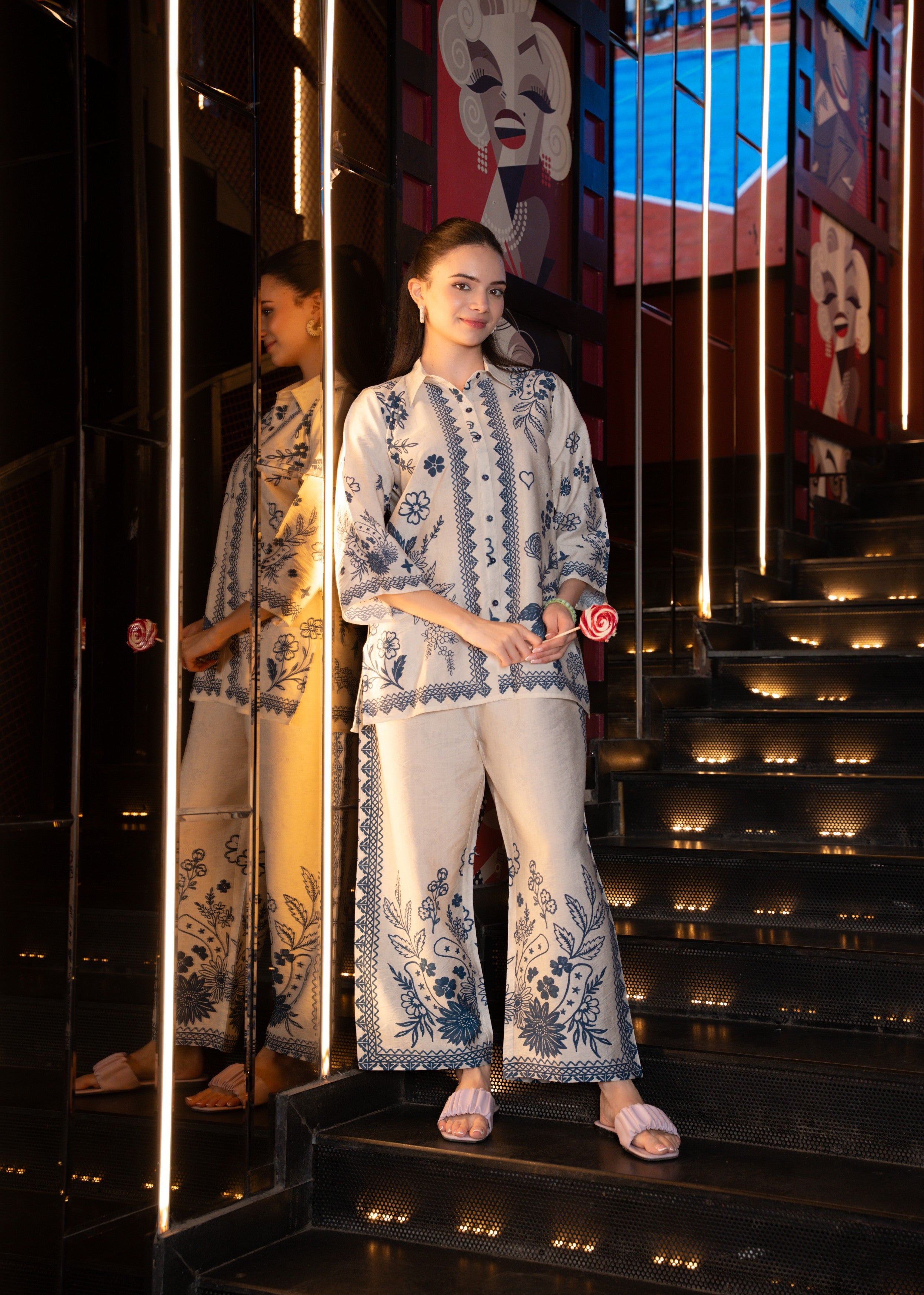 Off-White Blue Printed Cotton Co-Ord Set