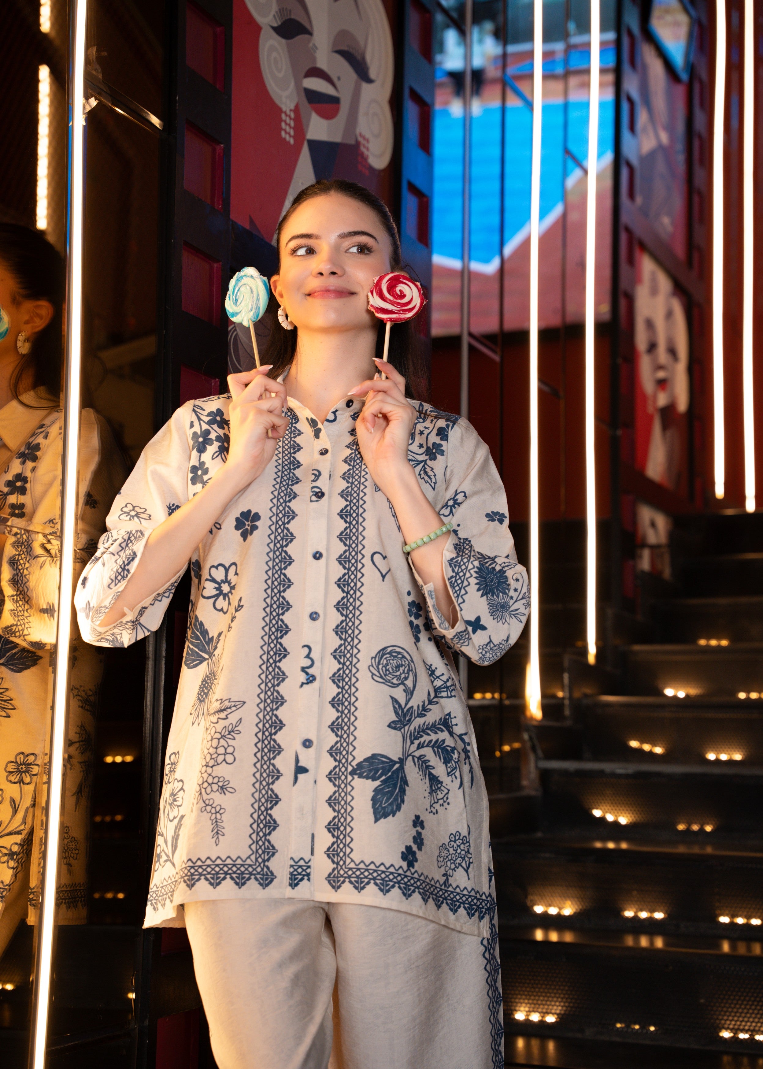 Off-White Blue Printed Cotton Co-Ord Set