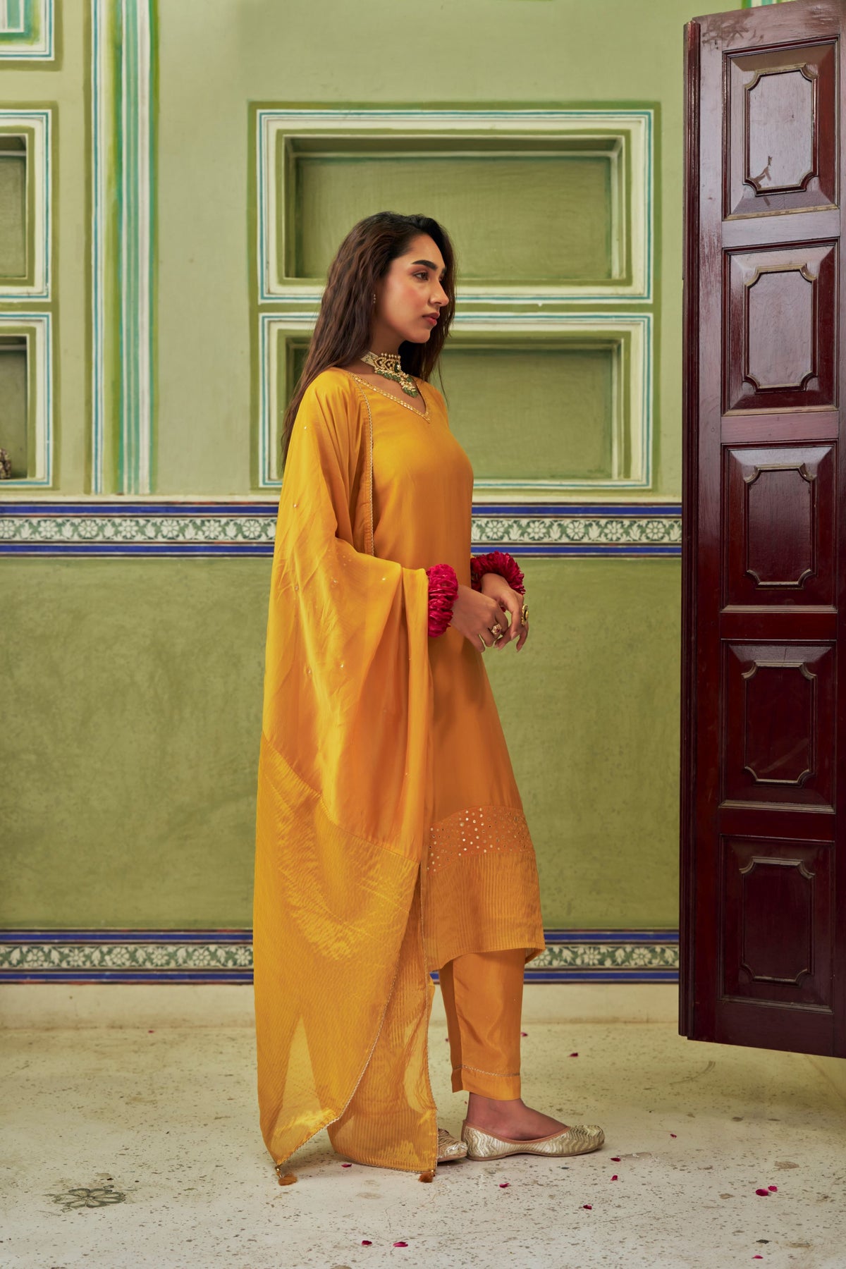 Mustard Yellow Embellished Tabby Silk Pant Set