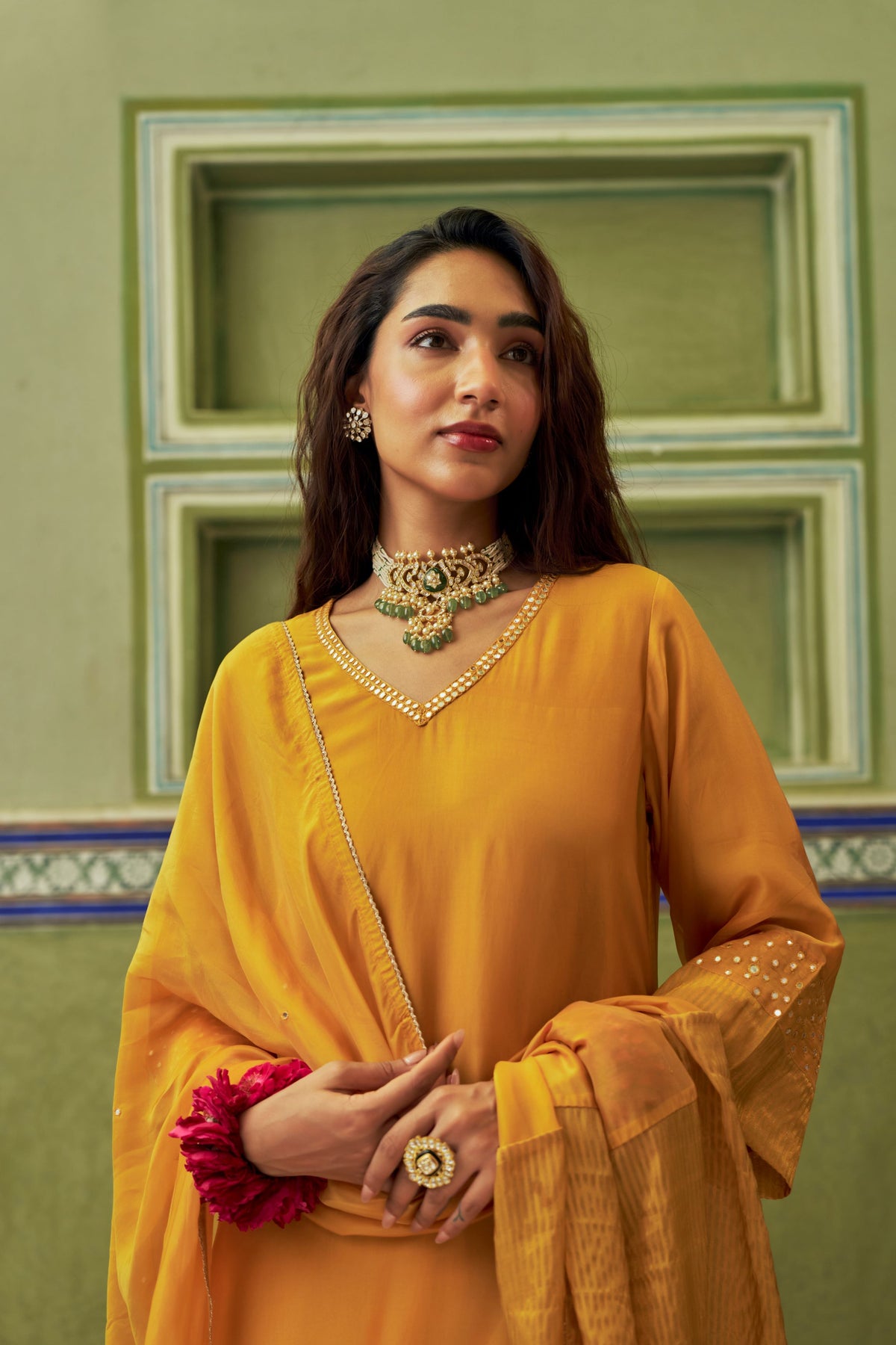 Mustard Yellow Embellished Tabby Silk Pant Set