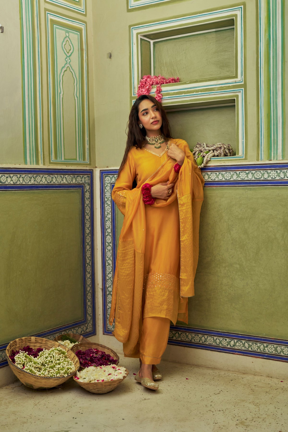 Mustard Yellow Embellished Tabby Silk Pant Set