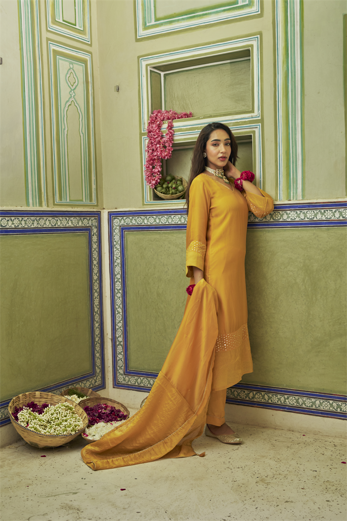 Mustard Embellished Pure Tabby Silk A-Line Kurta Set