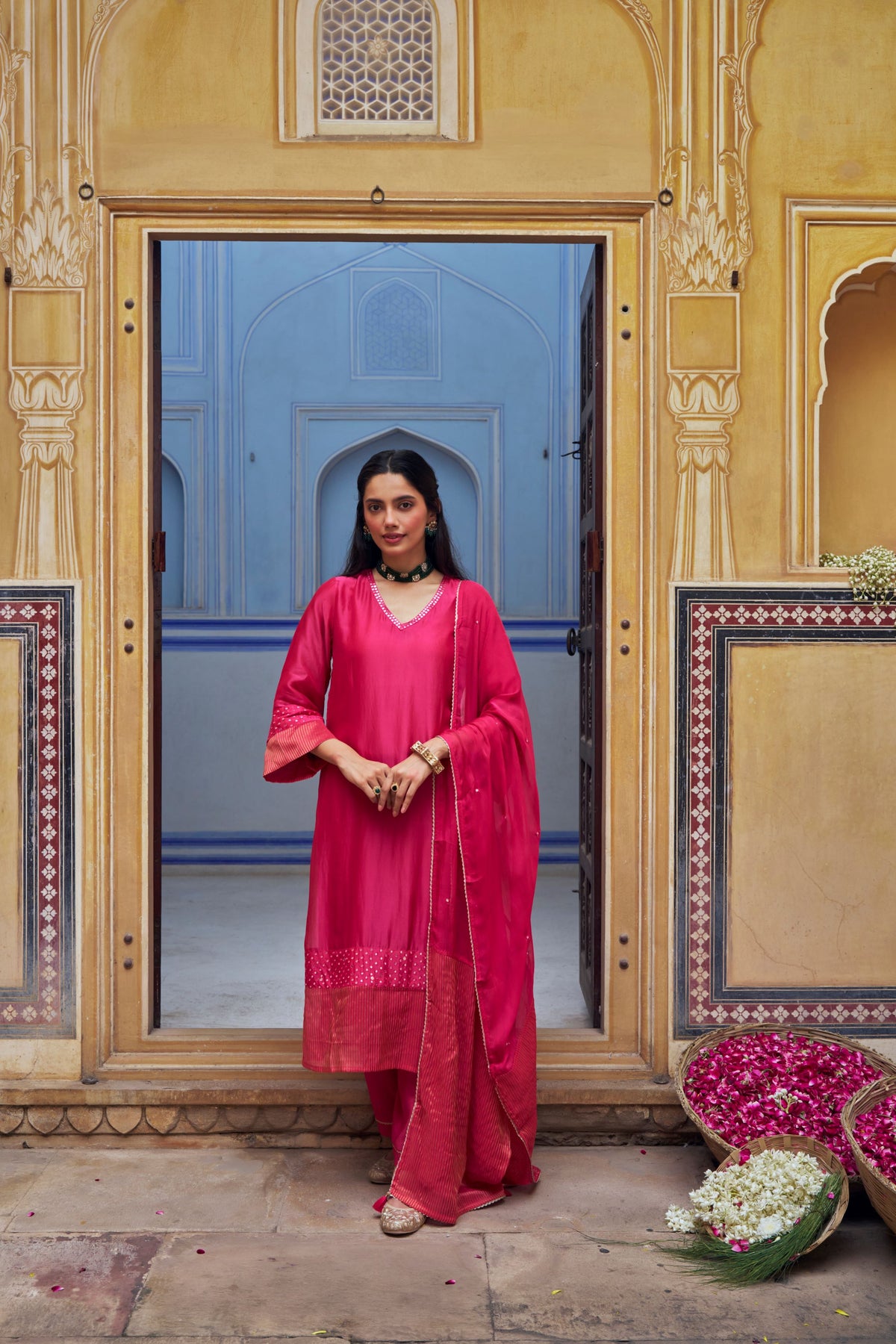 Rani Pink Embellished Tabby Silk Pant Set