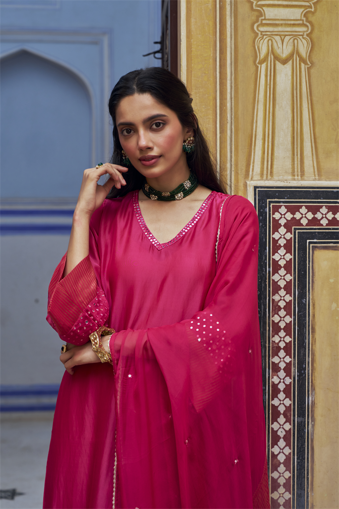 Pink Embellished Pure Tabby Silk A-Line Pant Set