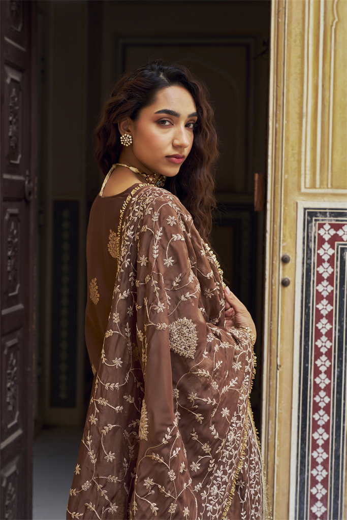 Brown Embellished Pure Banarasi Sharara Set