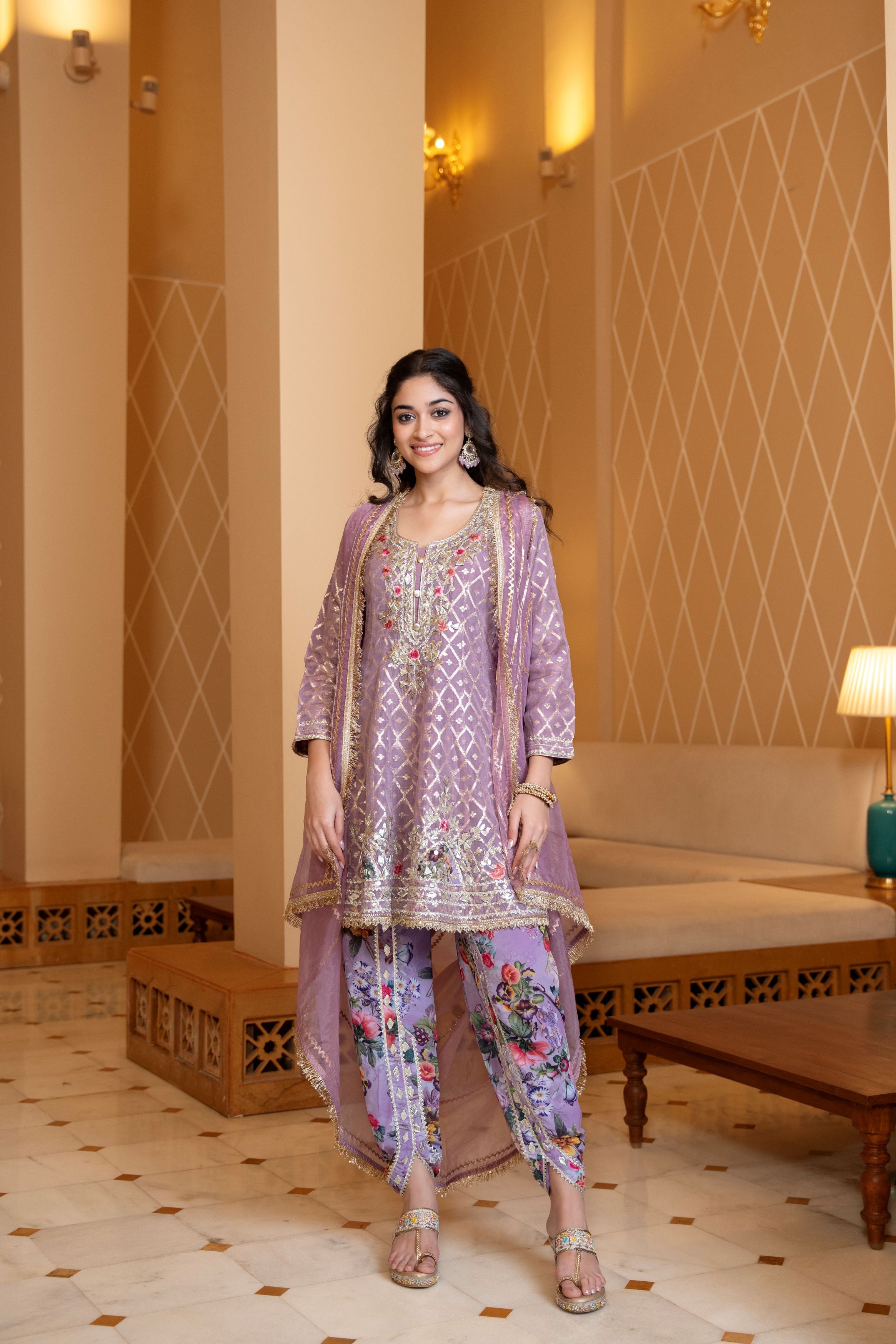 Bright lavender Embellished Dola Silk Dhoti Set