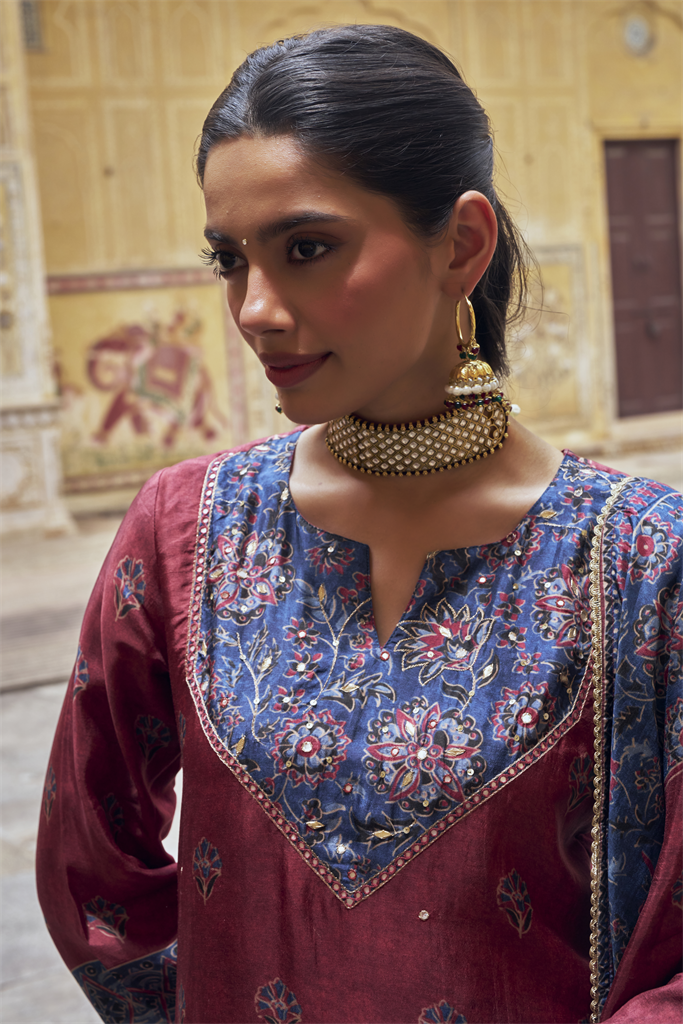 Maroon Embellished Russian Silk Pant Set