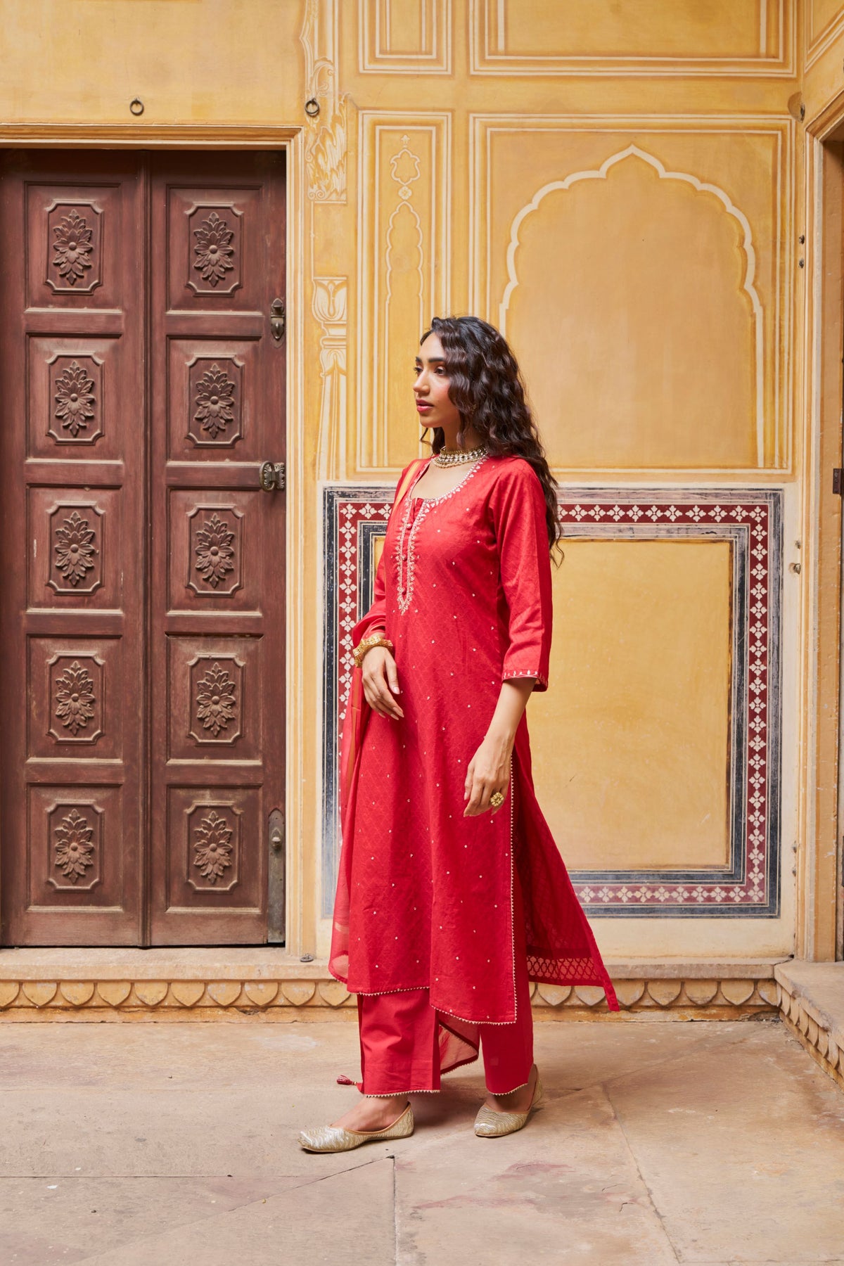 Crimson Red Embellished Banarasi Cotton Patola Kurta Set