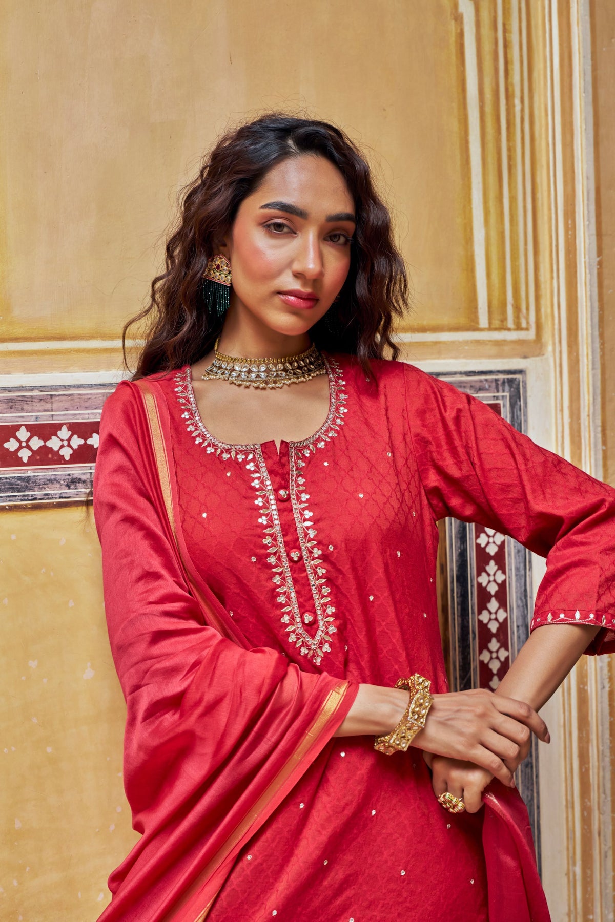 Crimson Red Embellished Banarasi Cotton Patola Kurta Set
