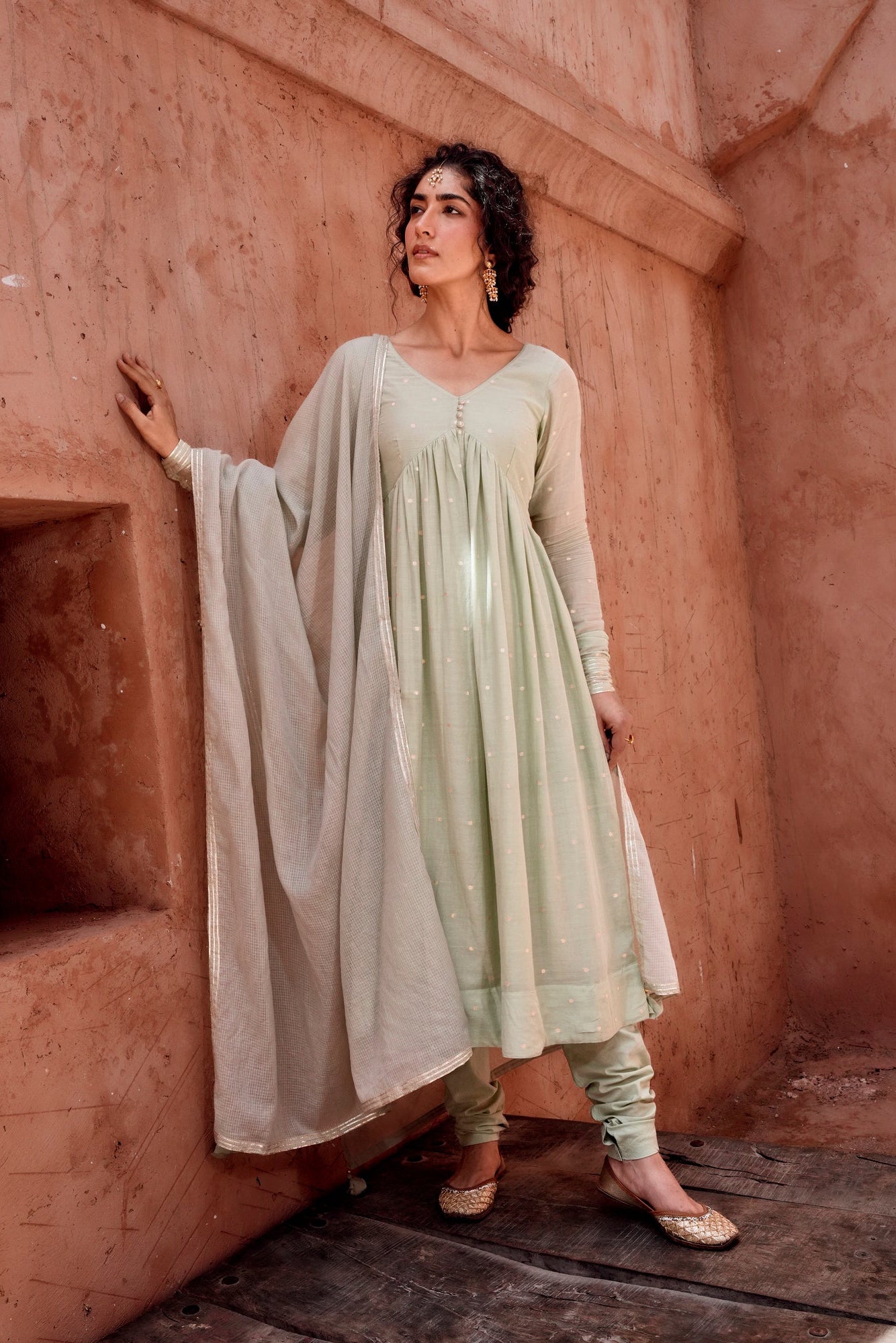 Pista Green Zari Dotted Mul-Cotton Anarkali Set