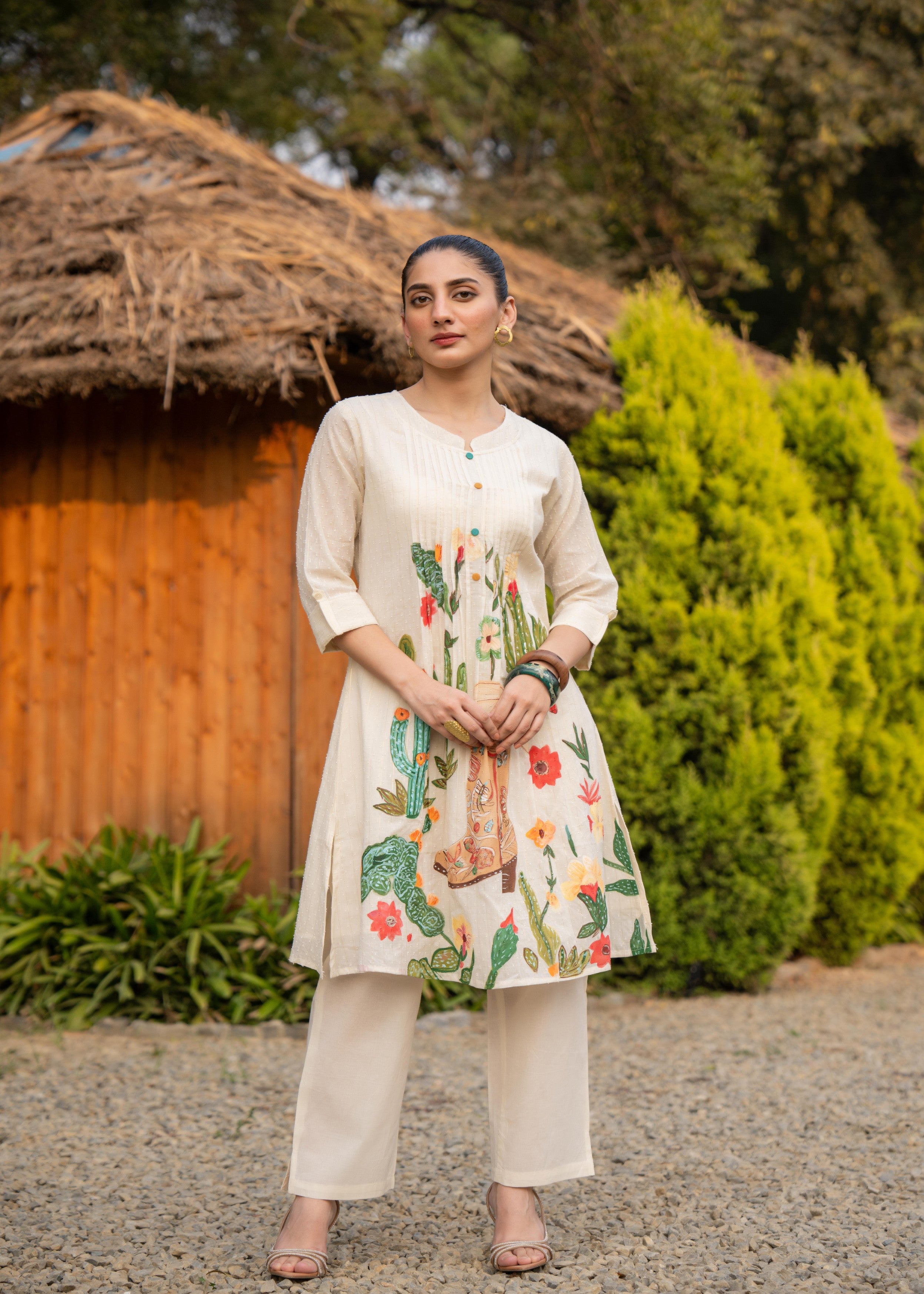 Off-White Western Printed Mul Cotton Kurta Set
