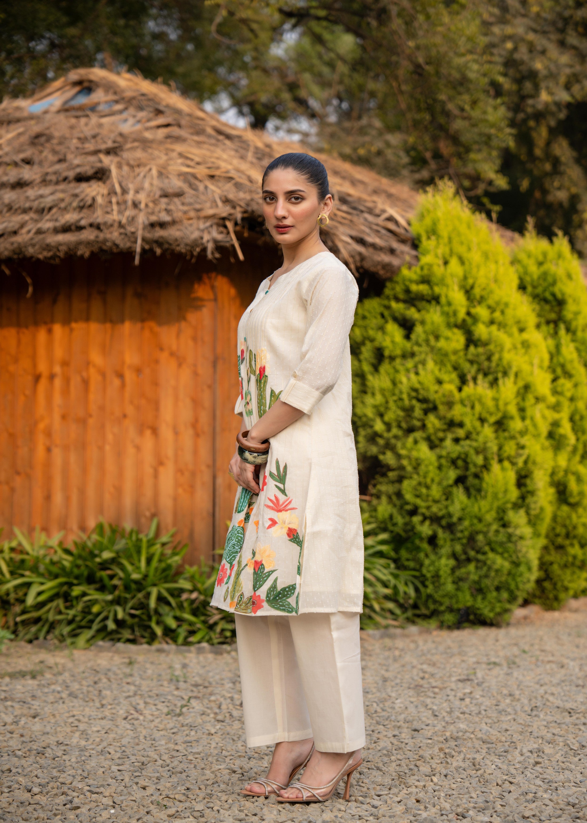Off-White Western Printed Mul Cotton Kurta Set