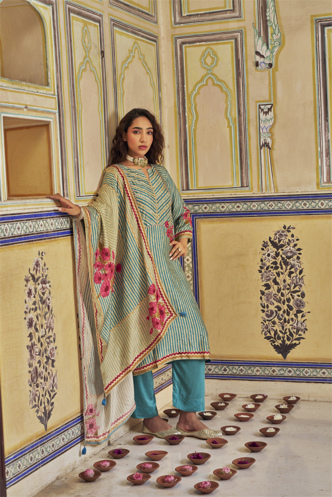 Blue Russian Embellished Silk Stripe Pant Set