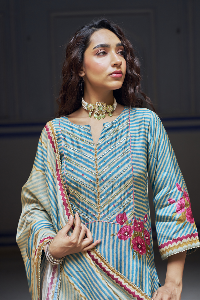 Blue Russian Embellished Silk Stripe Pant Set