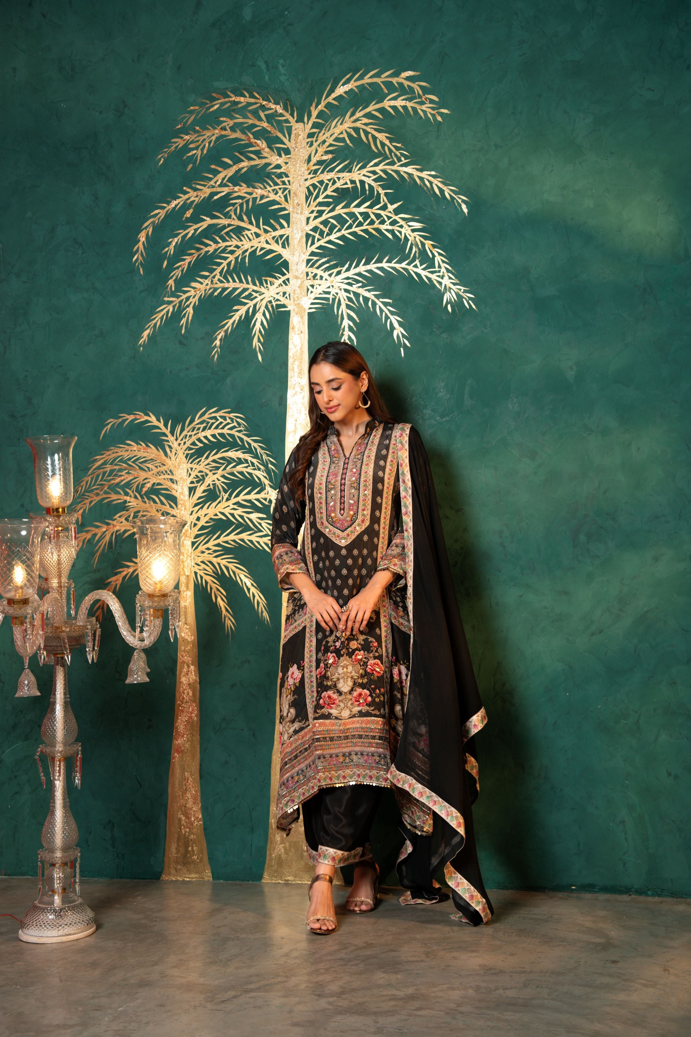 Midnight Black Printed Crepe Silk Pant Set