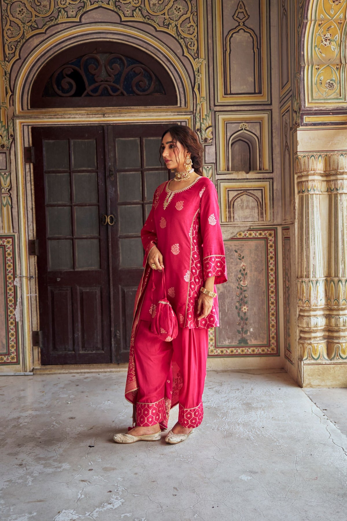Rani Pink Embellished Banarasi Silk Salwar Set