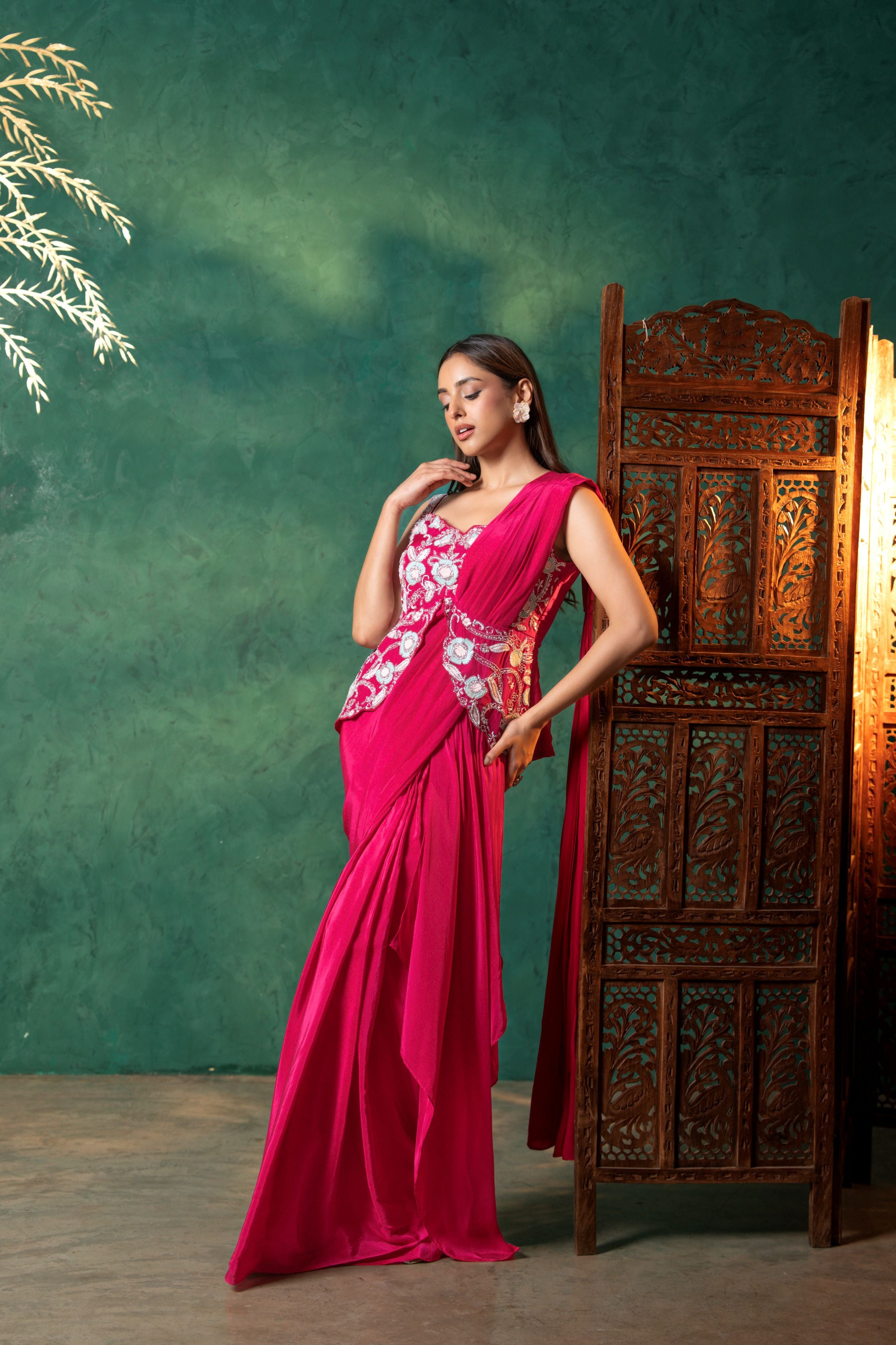 Fuchsia Pink Pre Draped Saree
