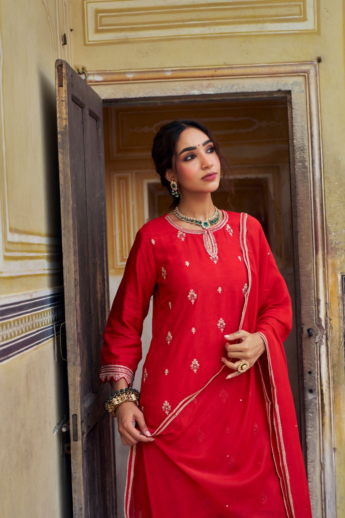 Scarlet Red Embellished Dola Silk Farshi Salwar Set