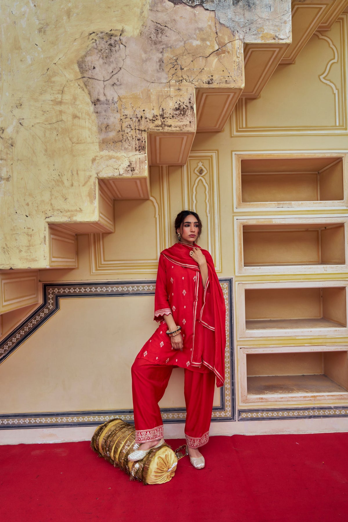 Scarlet Red Embellished Dola Silk Farshi Salwar Set