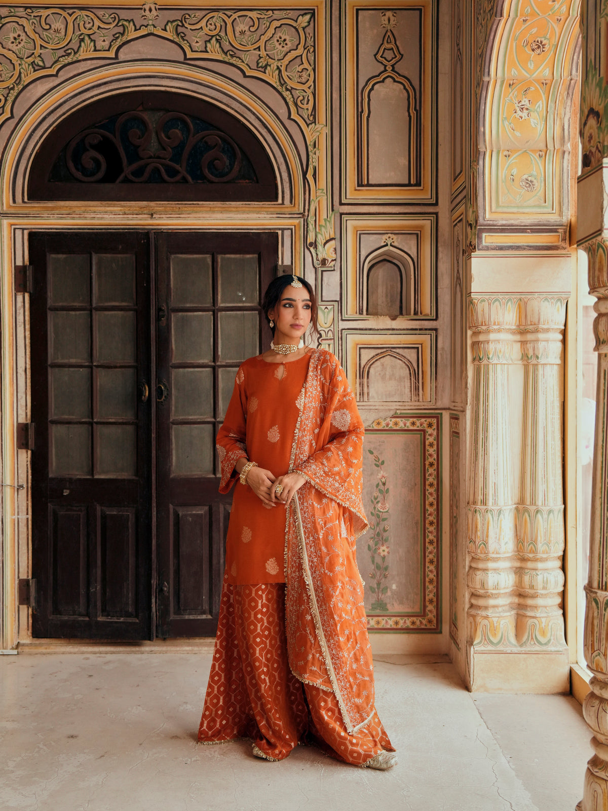 Rust Orange Embellished Pure Banarasi Sharara Set